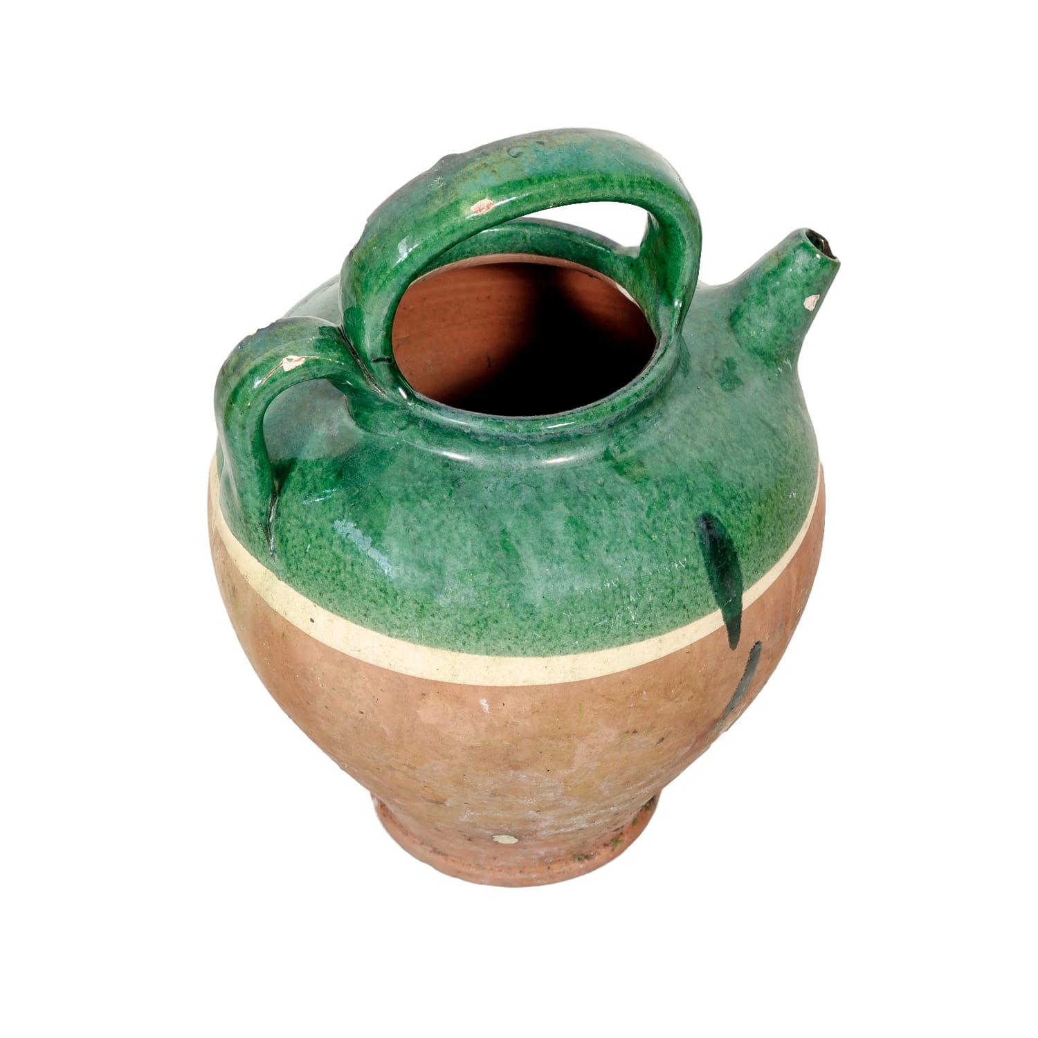 Antique French Cruche or Water Pitcher with Green Glaze