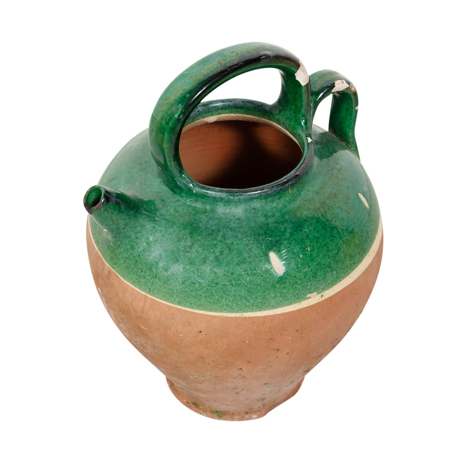 Antique French Cruche or Water Pitcher with Green Glaze
