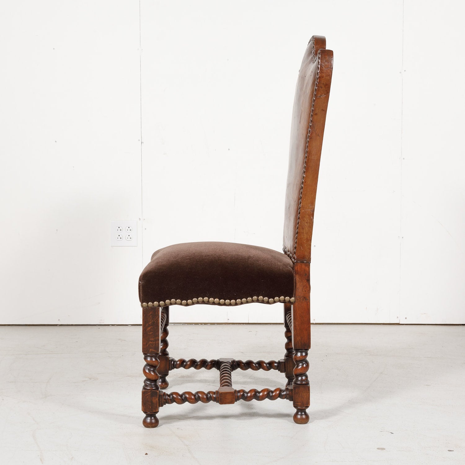 19th Century French Louis XIII Style Leather and Mohair Barley Twist Side Chairs, Set of 6