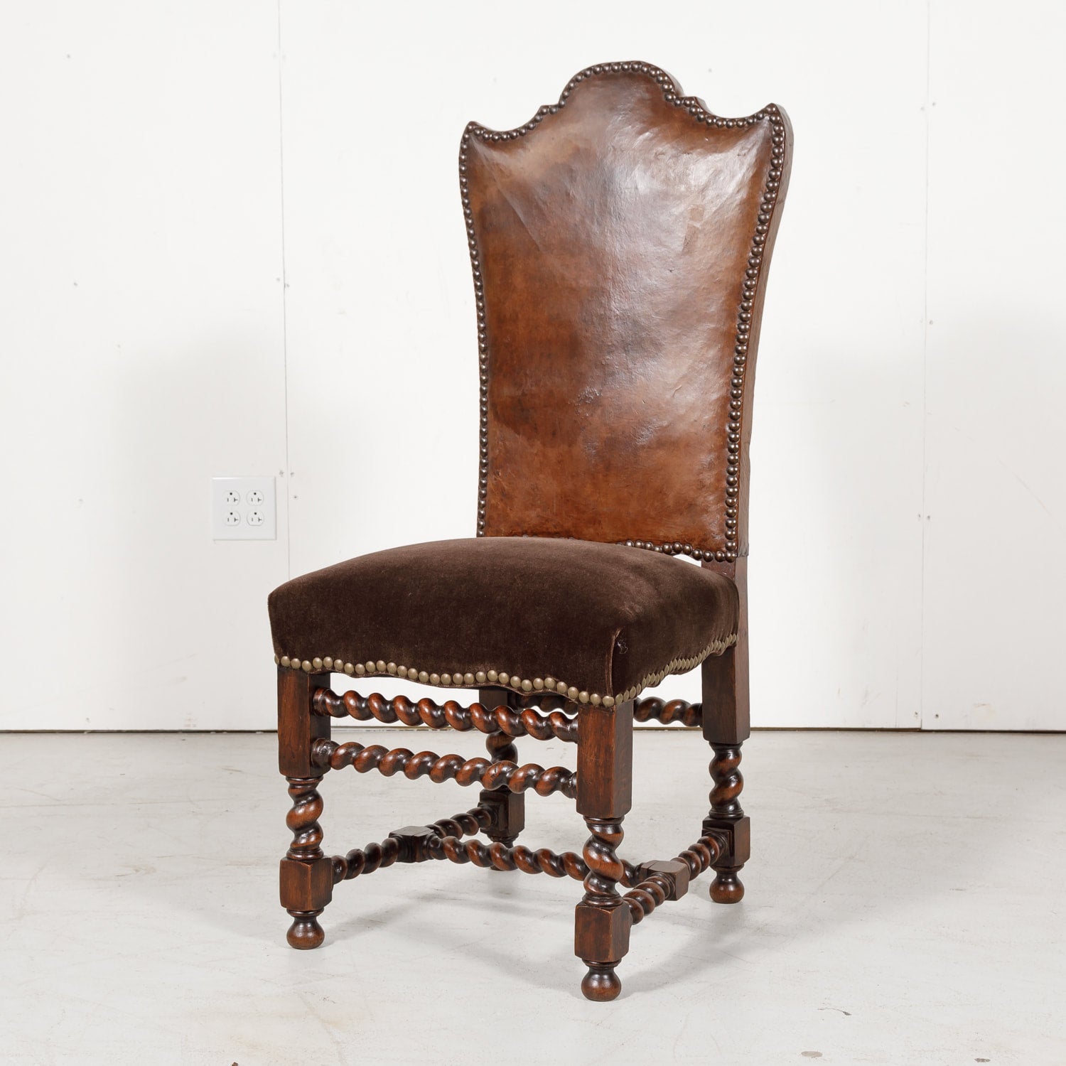 19th Century French Louis XIII Style Leather and Mohair Barley Twist Side Chairs, Set of 6
