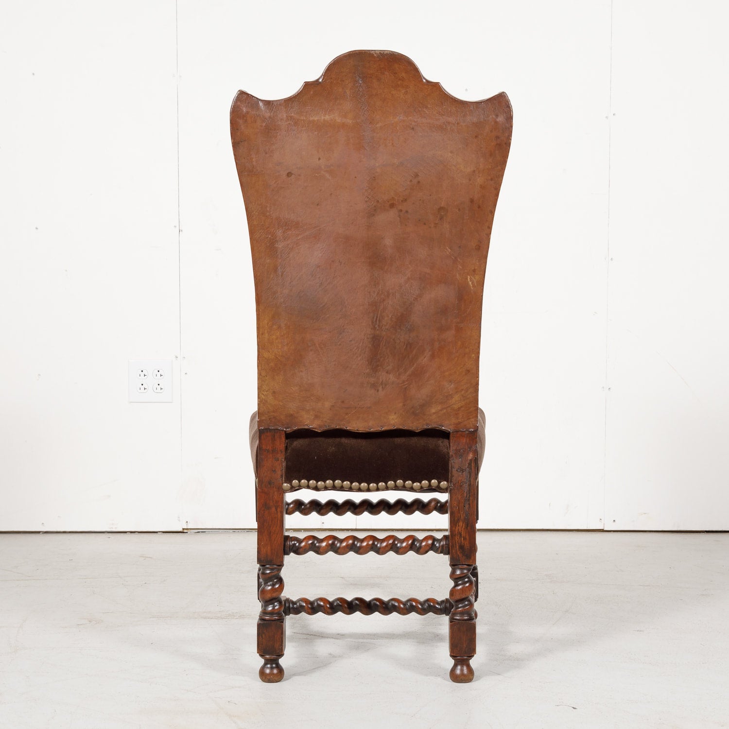 19th Century French Louis XIII Style Leather and Mohair Barley Twist Side Chairs, Set of 6