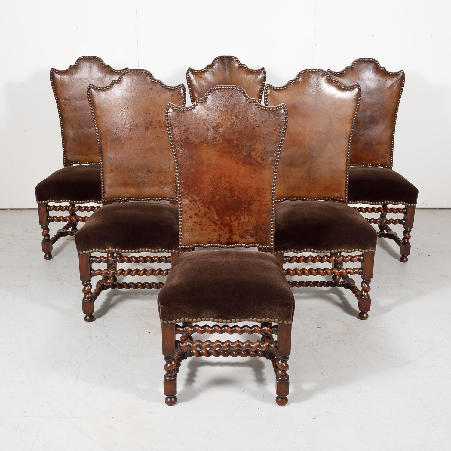 19th Century French Louis XIII Style Leather and Mohair Barley Twist Side Chairs, Set of 6