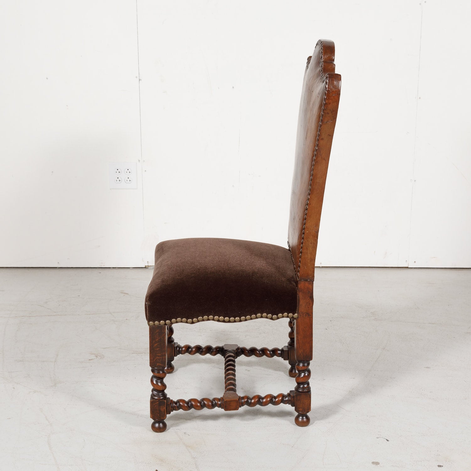 19th Century French Louis XIII Style Leather and Mohair Barley Twist Side Chairs, Set of 6