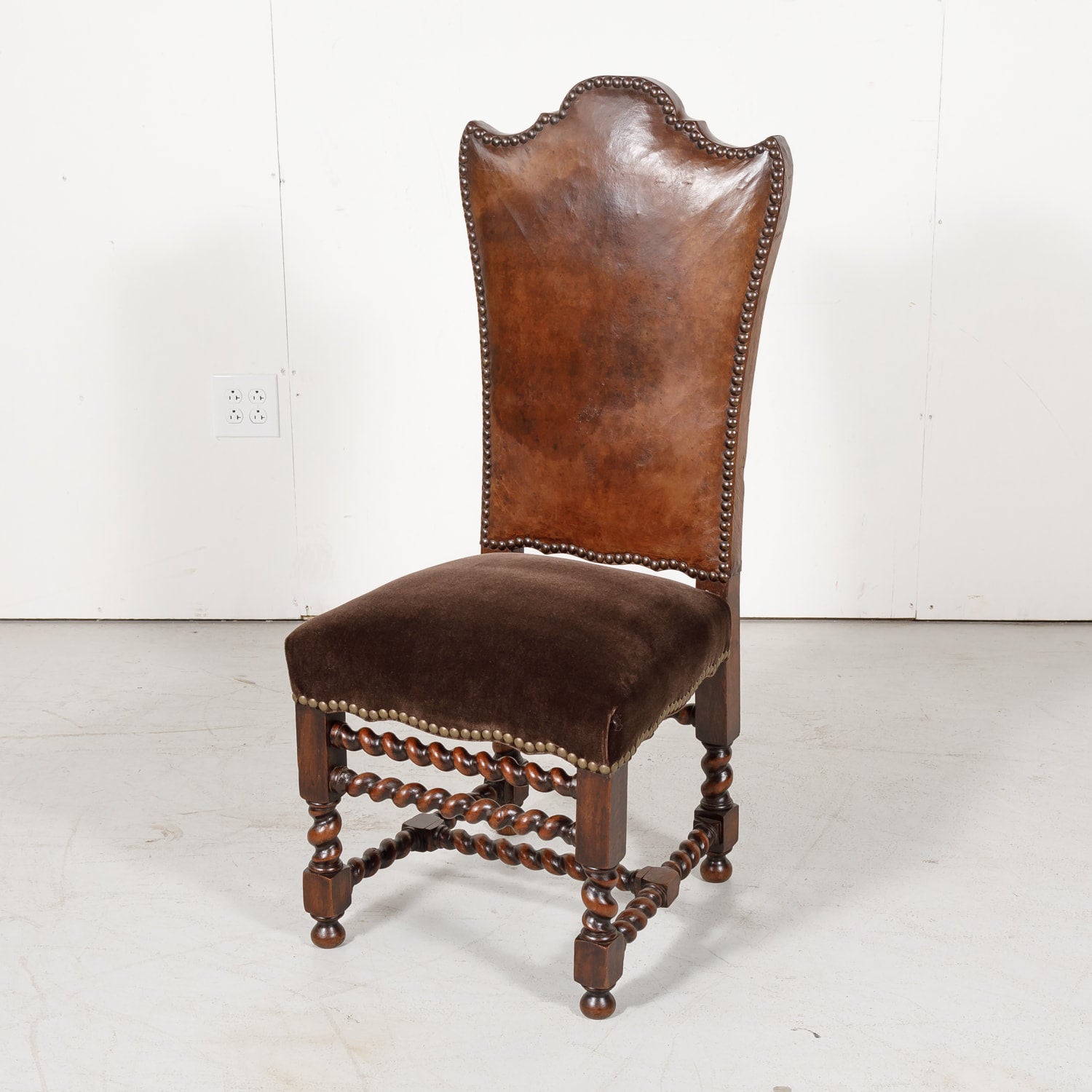 19th Century French Louis XIII Style Leather and Mohair Barley Twist Side Chairs, Set of 6
