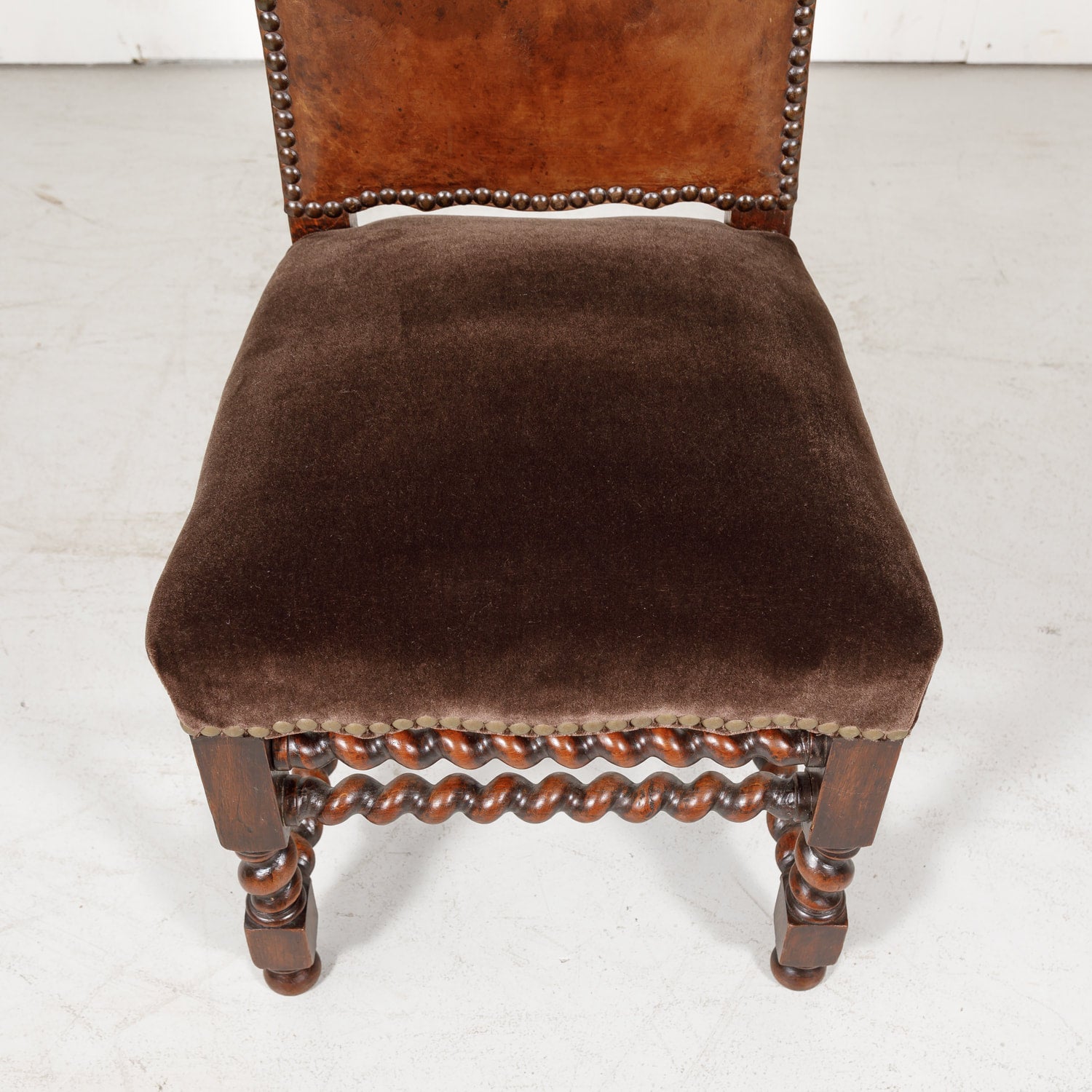 19th Century French Louis XIII Style Leather and Mohair Barley Twist Side Chairs, Set of 6