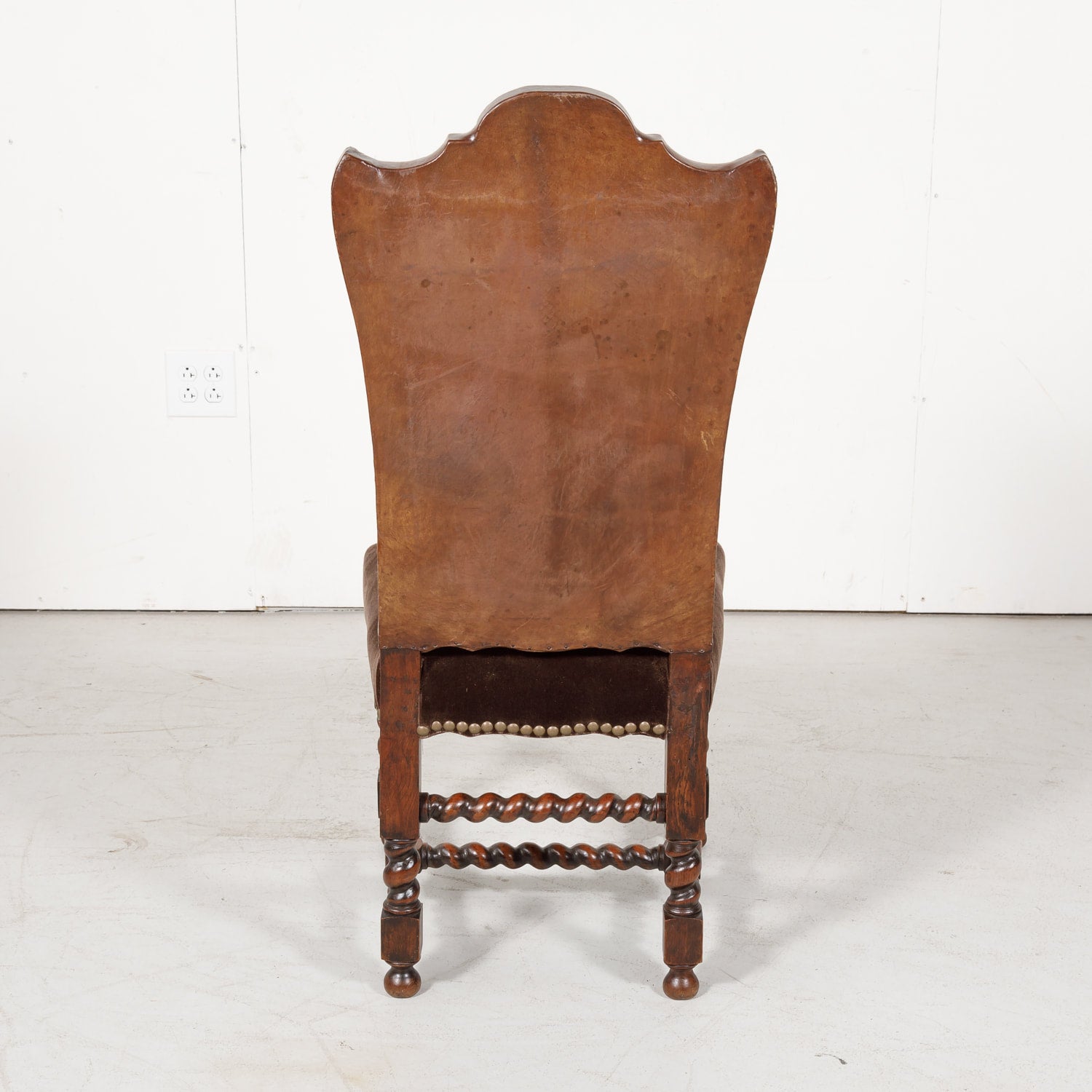19th Century French Louis XIII Style Leather and Mohair Barley Twist Side Chairs, Set of 6