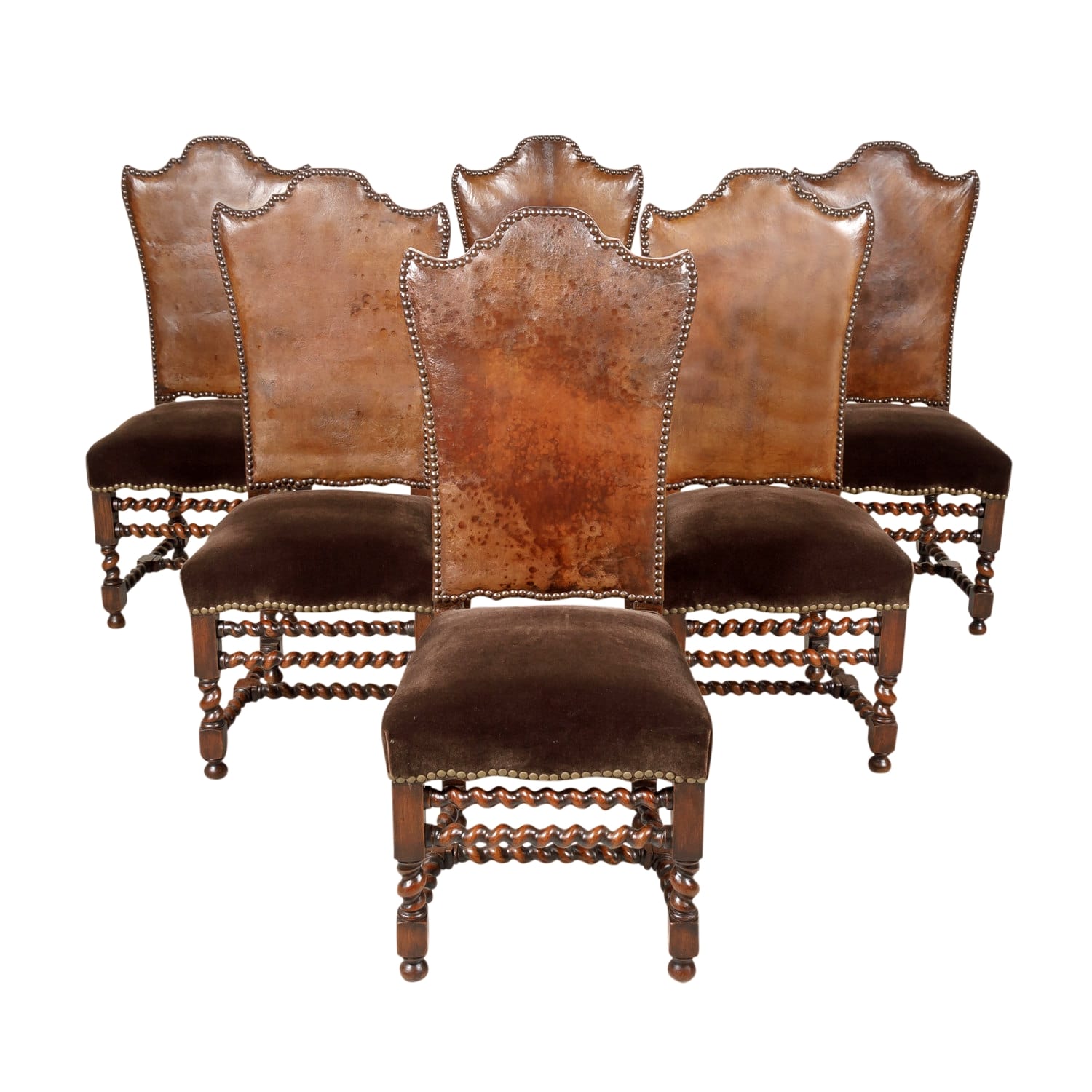 19th Century French Louis XIII Style Leather and Mohair Barley Twist Side Chairs, Set of 6