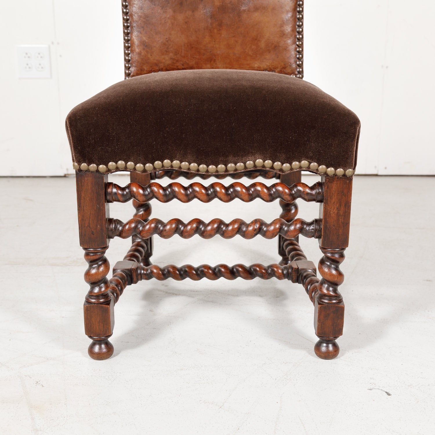19th Century French Louis XIII Style Leather and Mohair Barley Twist Side Chairs, Set of 6