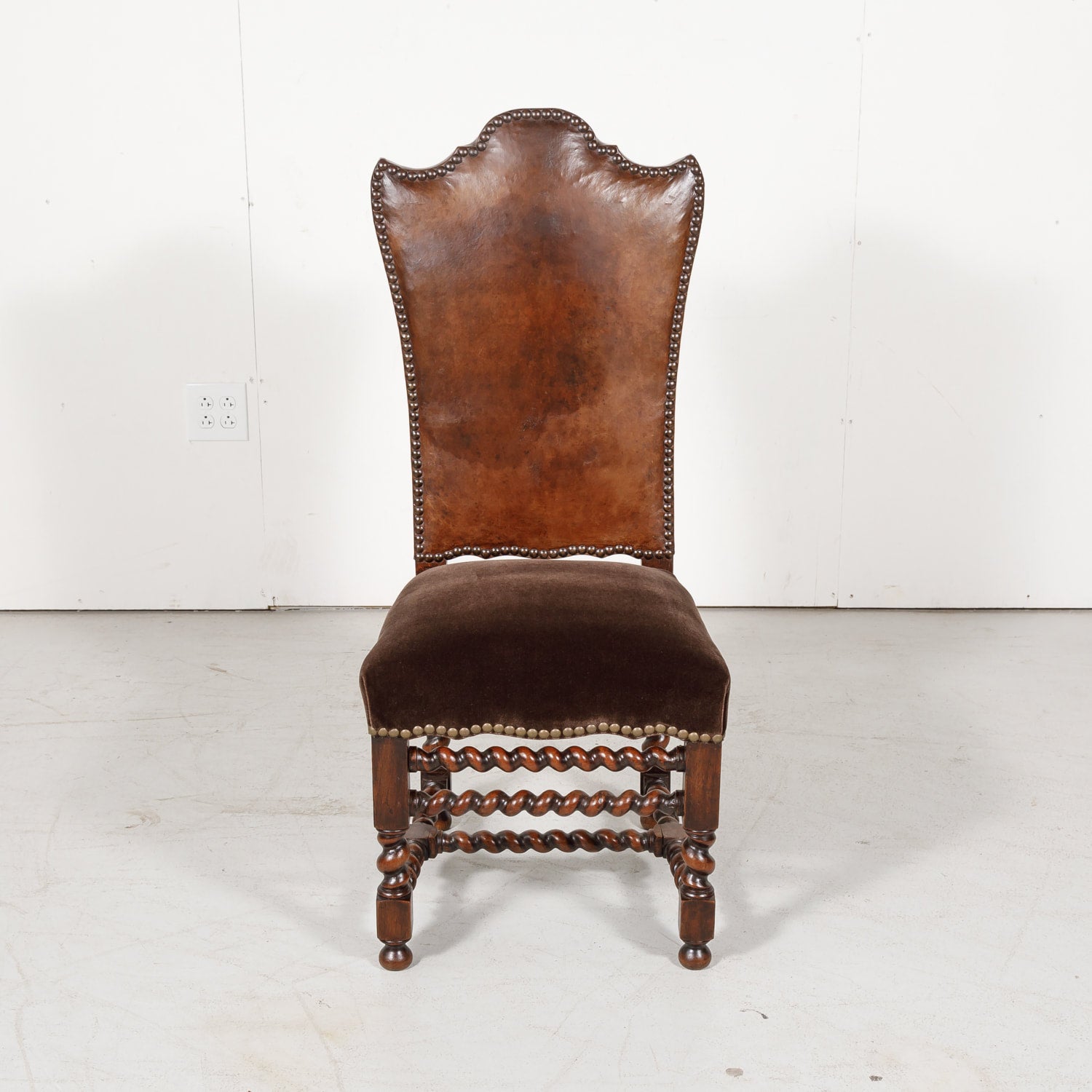 19th Century French Louis XIII Style Leather and Mohair Barley Twist Side Chairs, Set of 6