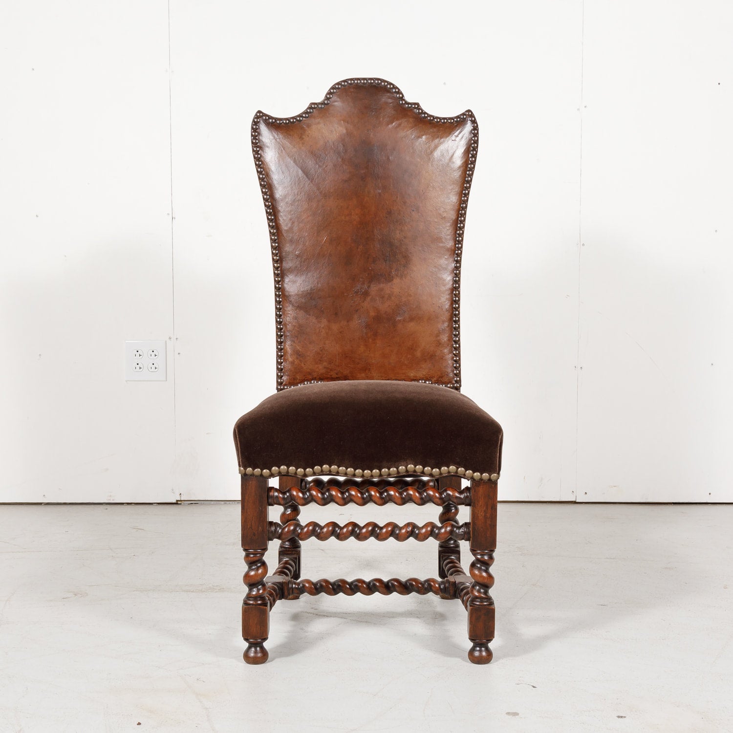 19th Century French Louis XIII Style Leather and Mohair Barley Twist Side Chairs, Set of 6