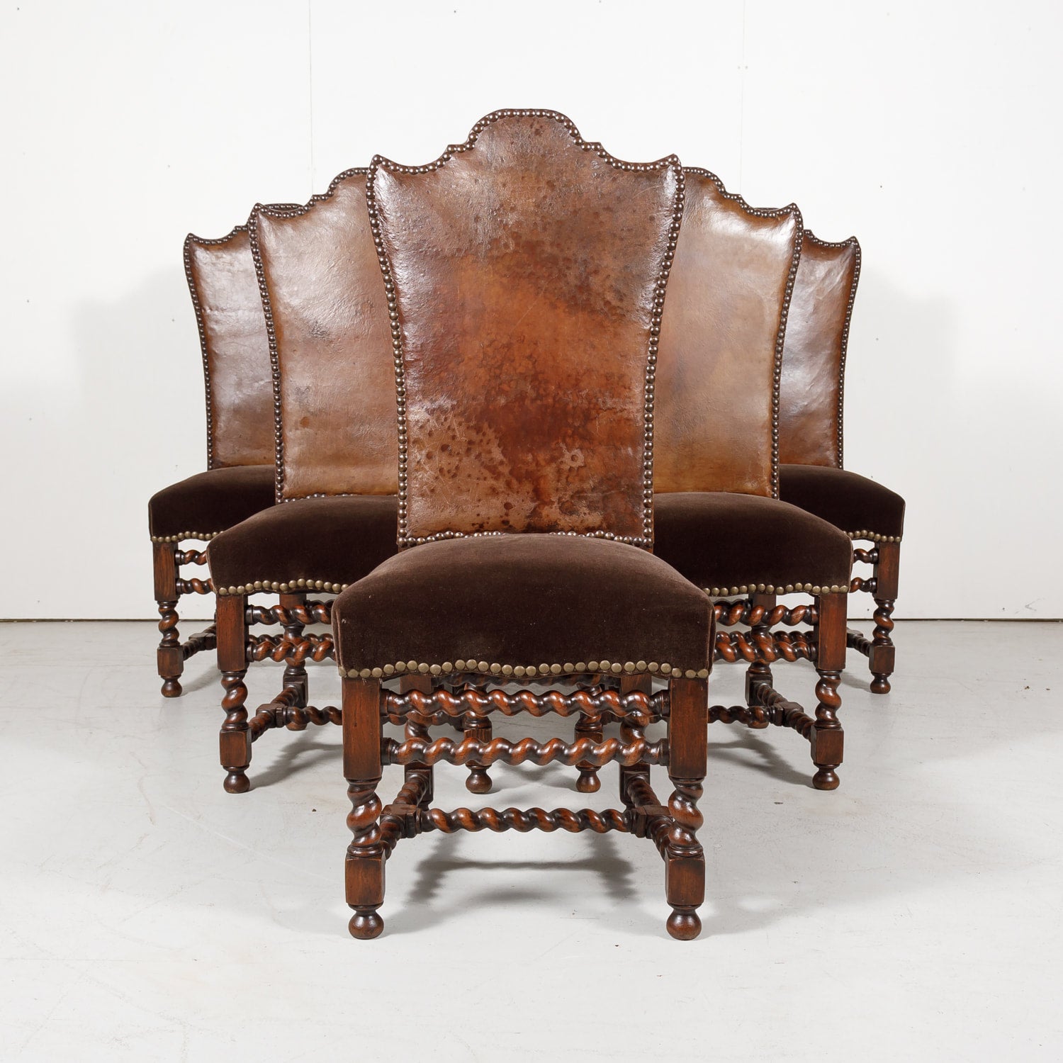 19th Century French Louis XIII Style Leather and Mohair Barley Twist Side Chairs, Set of 6