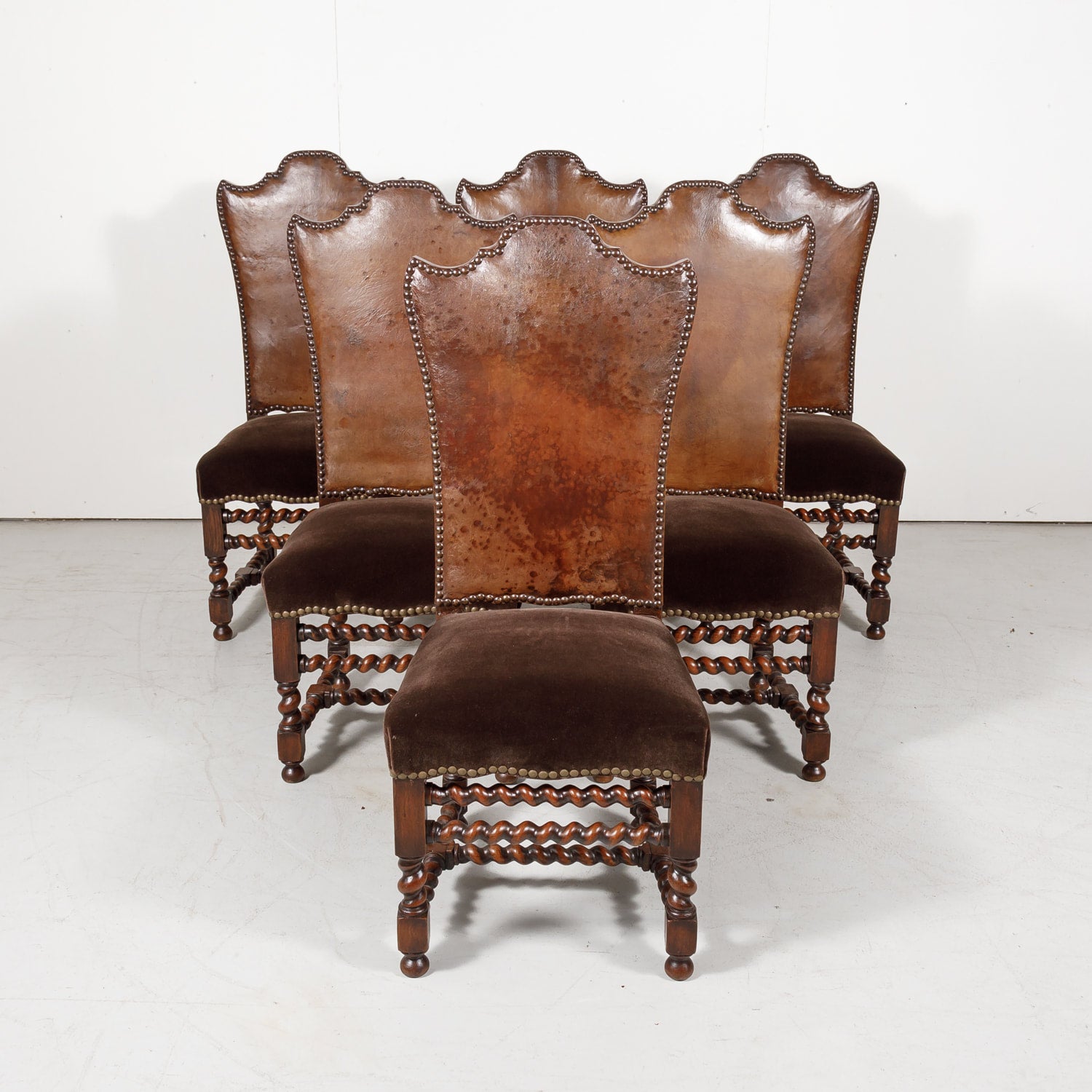 19th Century French Louis XIII Style Leather and Mohair Barley Twist Side Chairs, Set of 6
