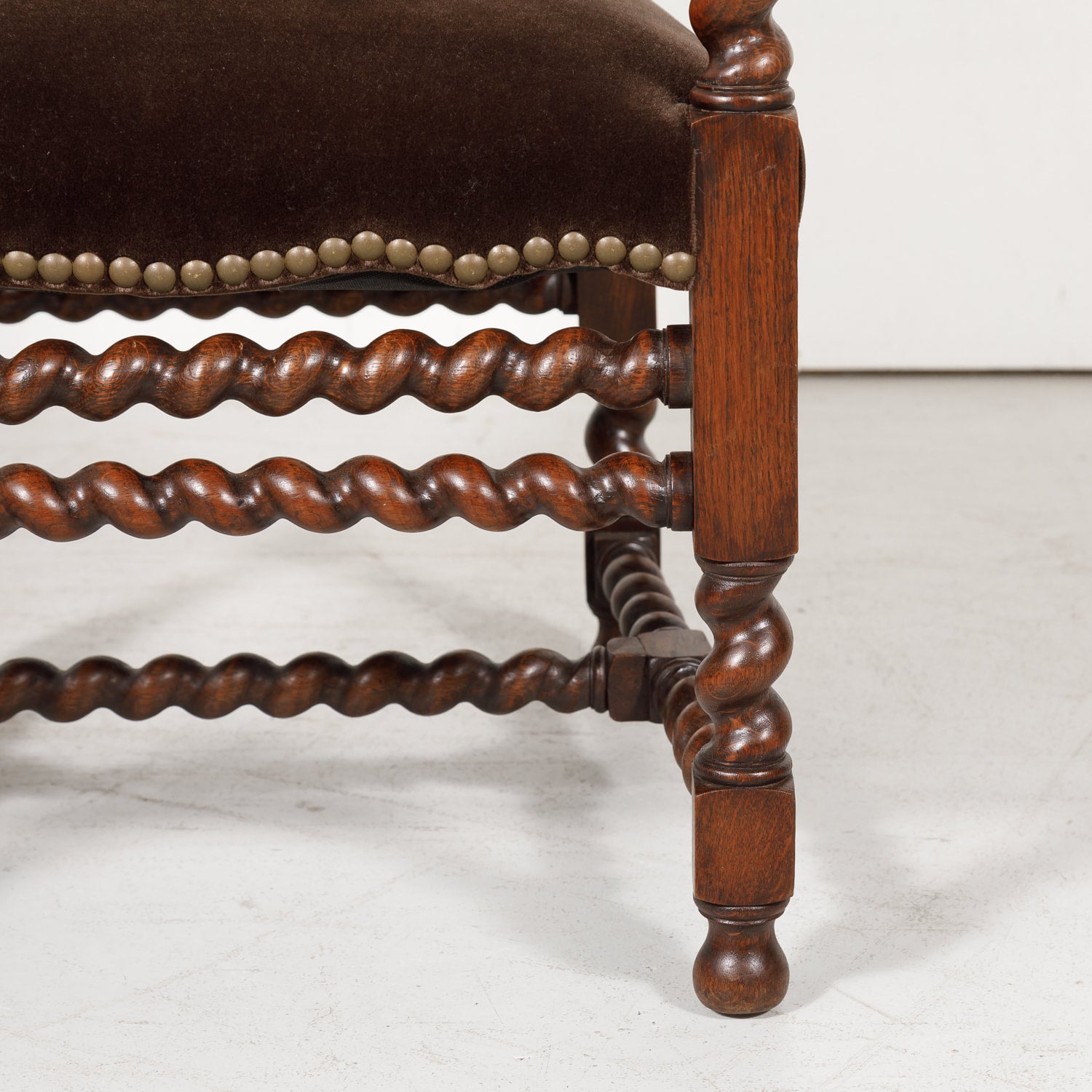 Antique French Louis XIII Style Leather and Mohair Barley Twist Armchair