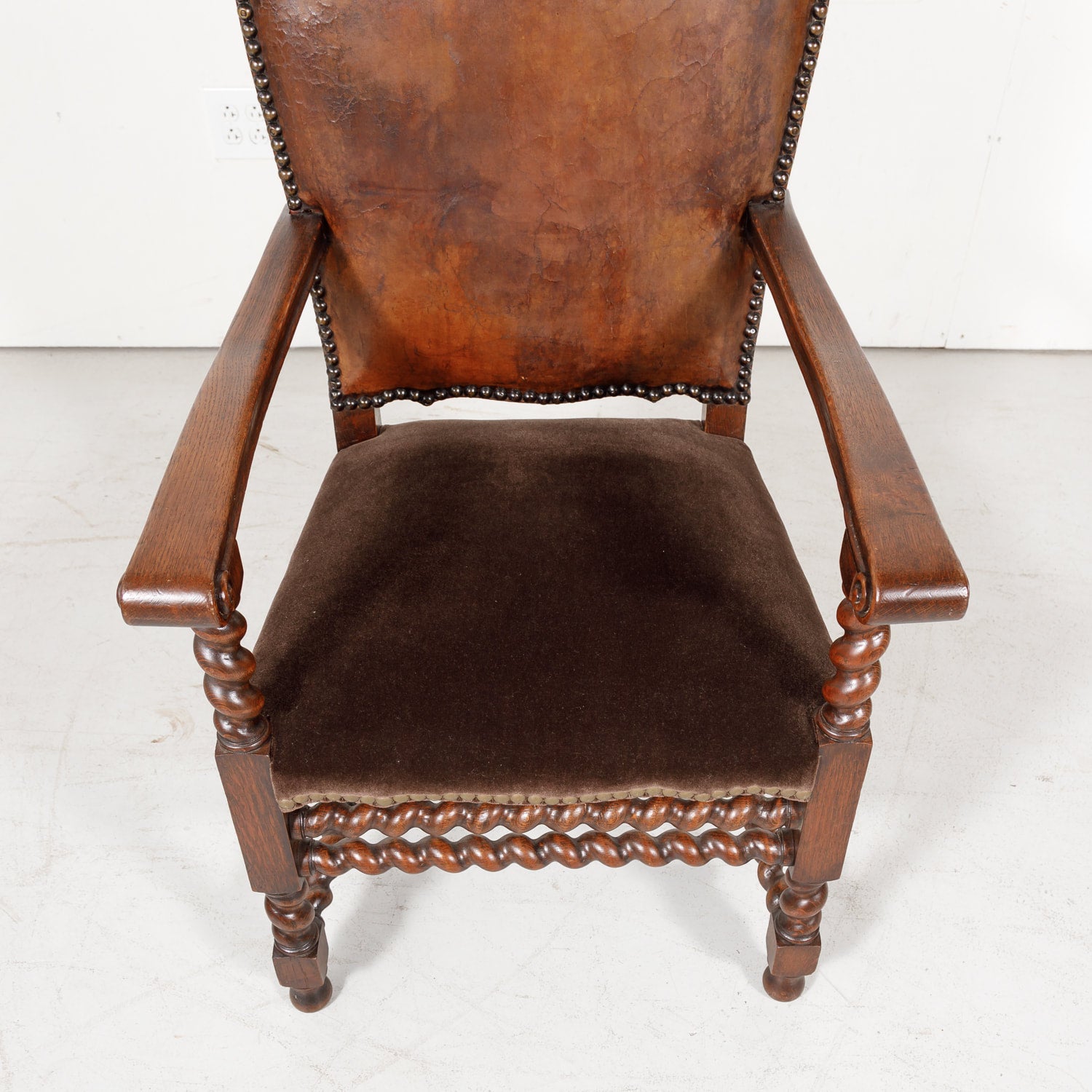 Antique French Louis XIII Style Leather and Mohair Barley Twist Armchair