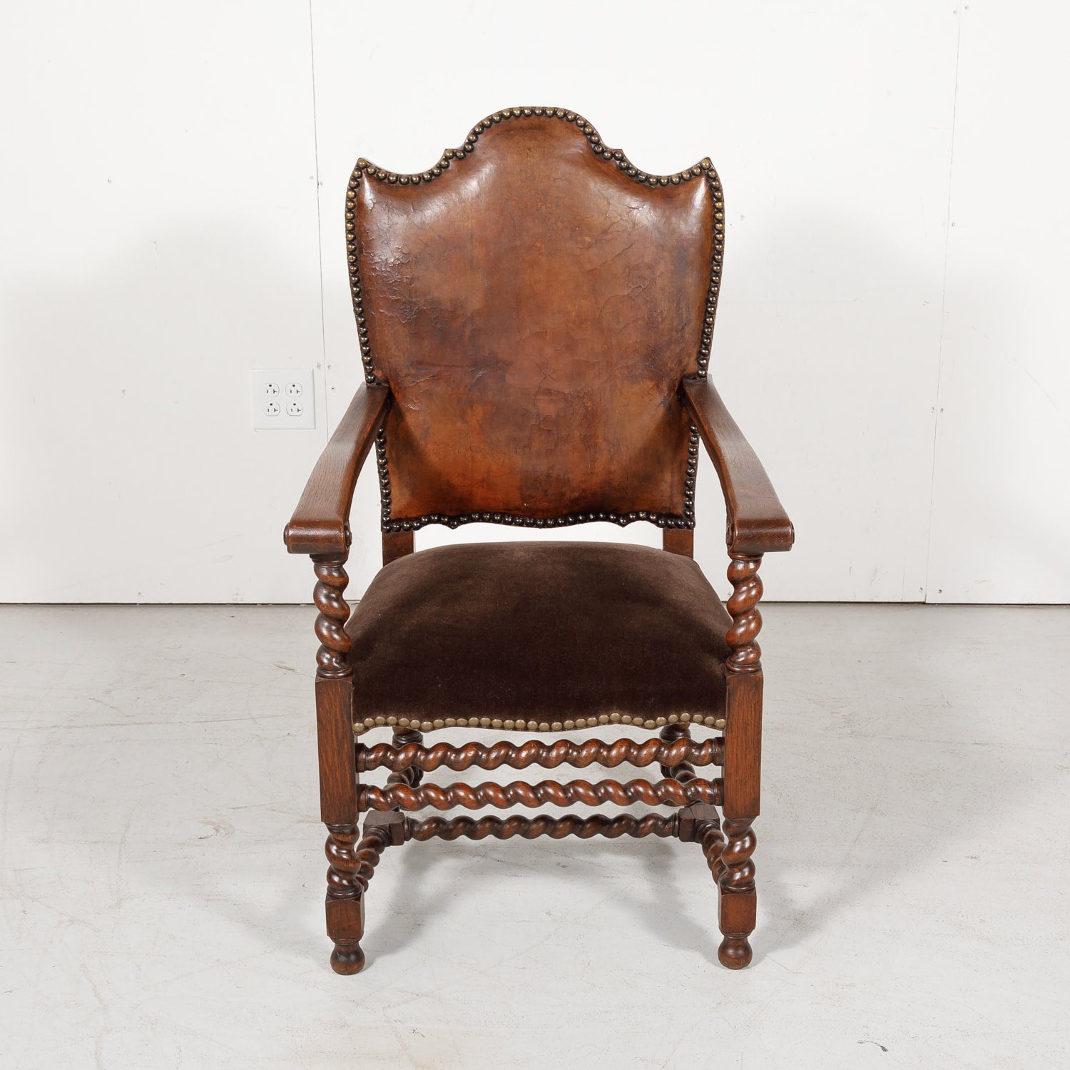 Antique French Louis XIII Style Leather and Mohair Barley Twist Armchair