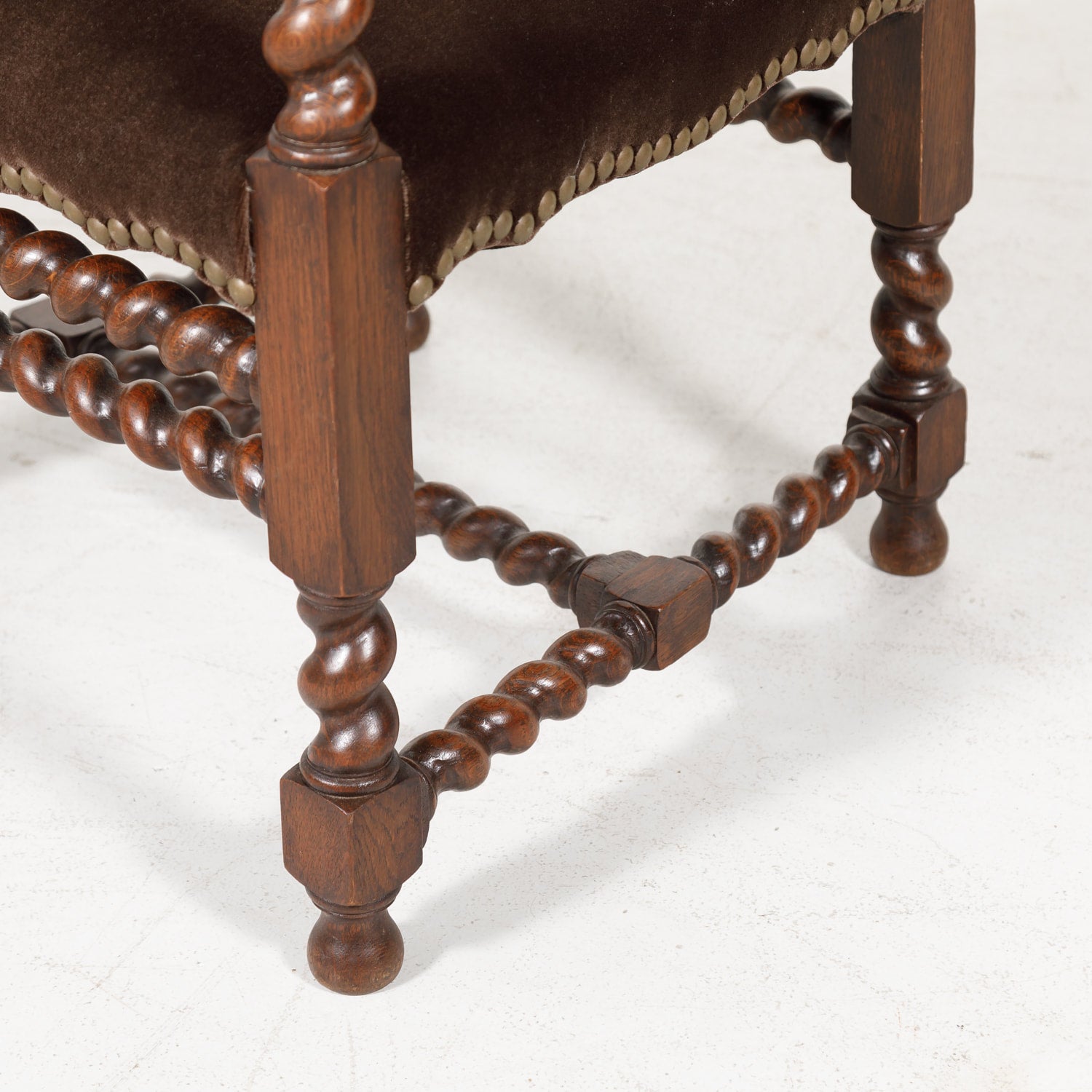 Antique French Louis XIII Style Leather and Mohair Barley Twist Armchair