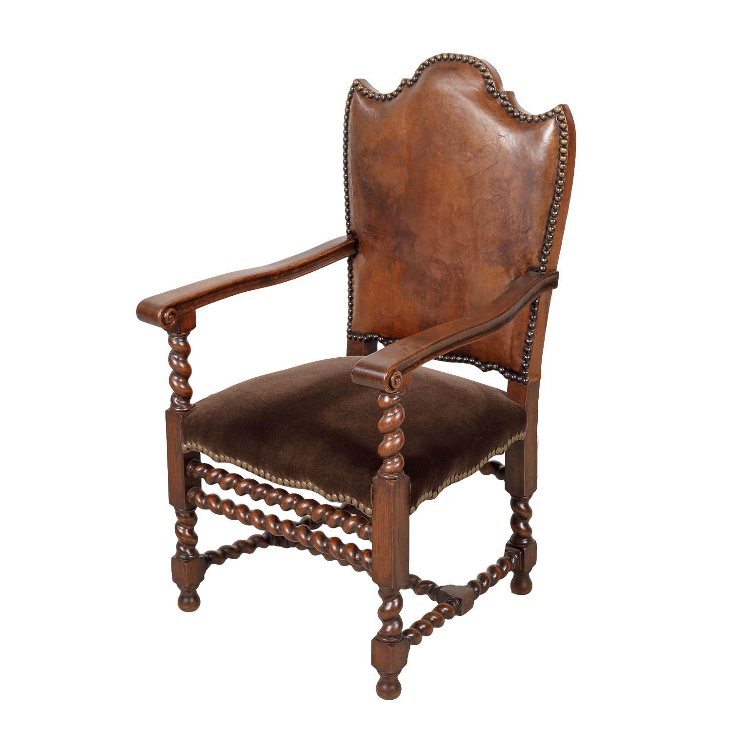 Antique French Louis XIII Style Leather and Mohair Barley Twist Armchair