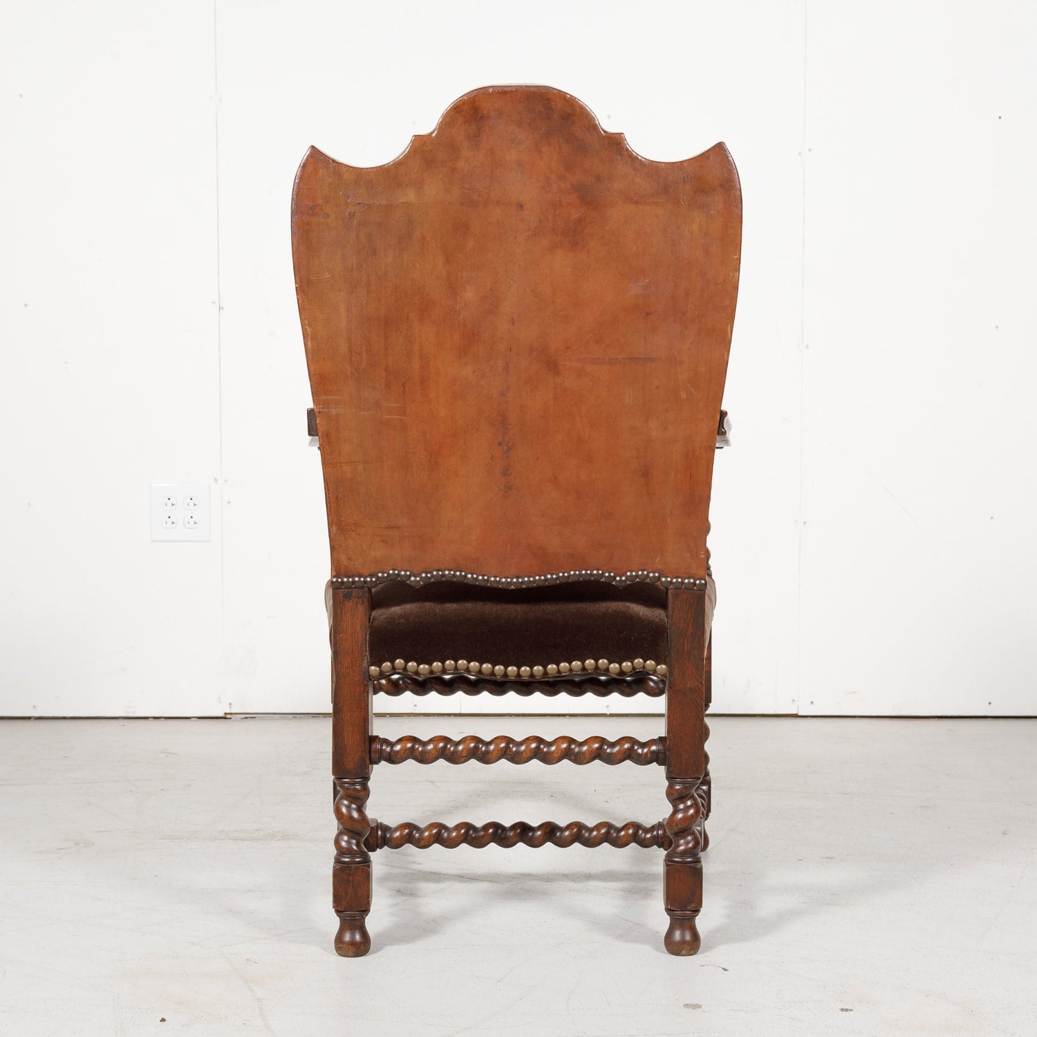 Antique French Louis XIII Style Leather and Mohair Barley Twist Armchair