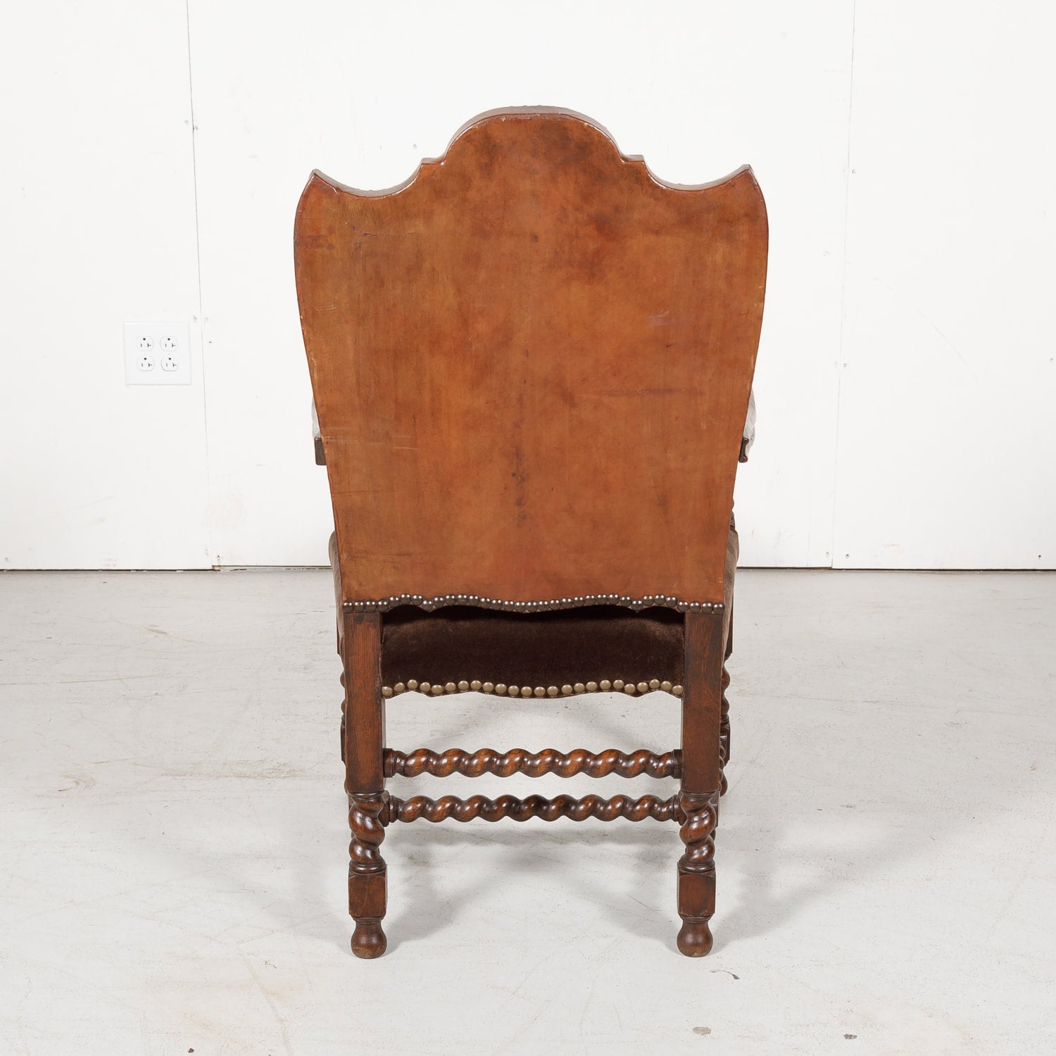 Antique French Louis XIII Style Leather and Mohair Barley Twist Armchair