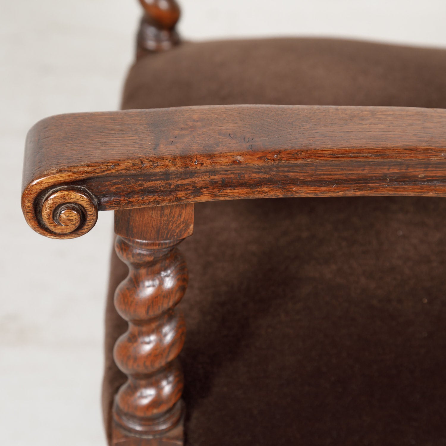 Antique French Louis XIII Style Leather and Mohair Barley Twist Armchair