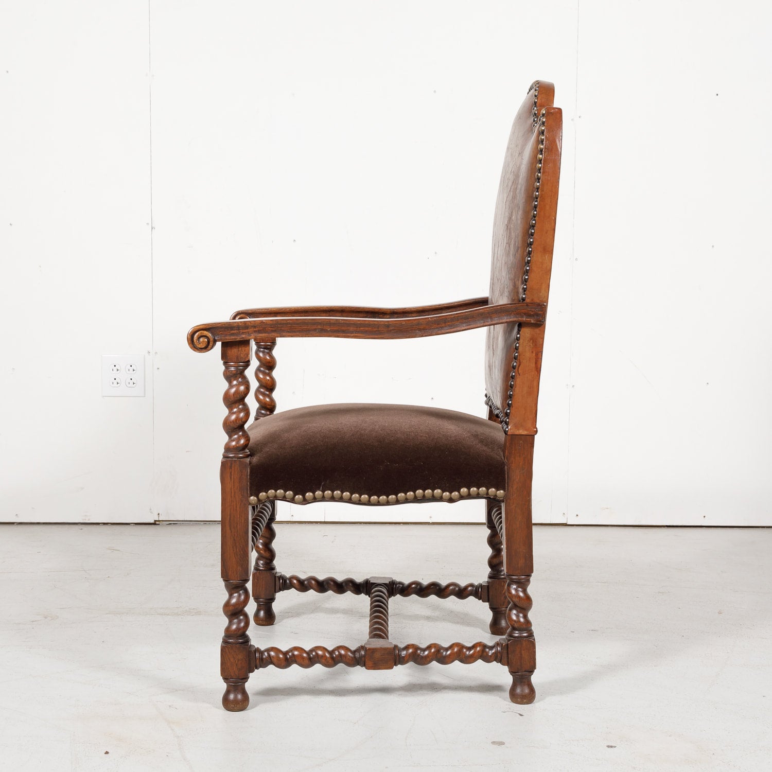 Antique French Louis XIII Style Leather and Mohair Barley Twist Armchair