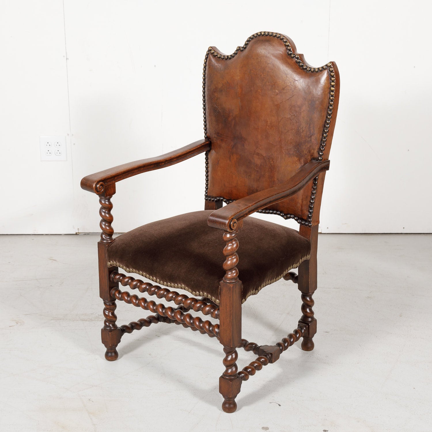 Antique French Louis XIII Style Leather and Mohair Barley Twist Armchair
