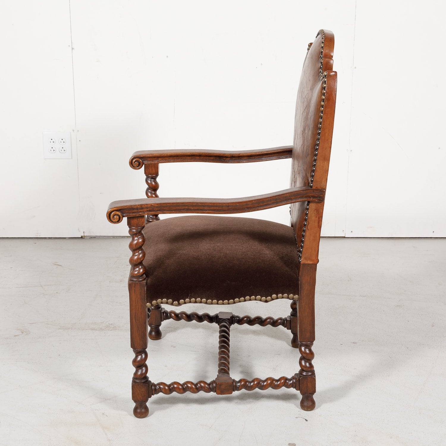 Antique French Louis XIII Style Leather and Mohair Barley Twist Armchair