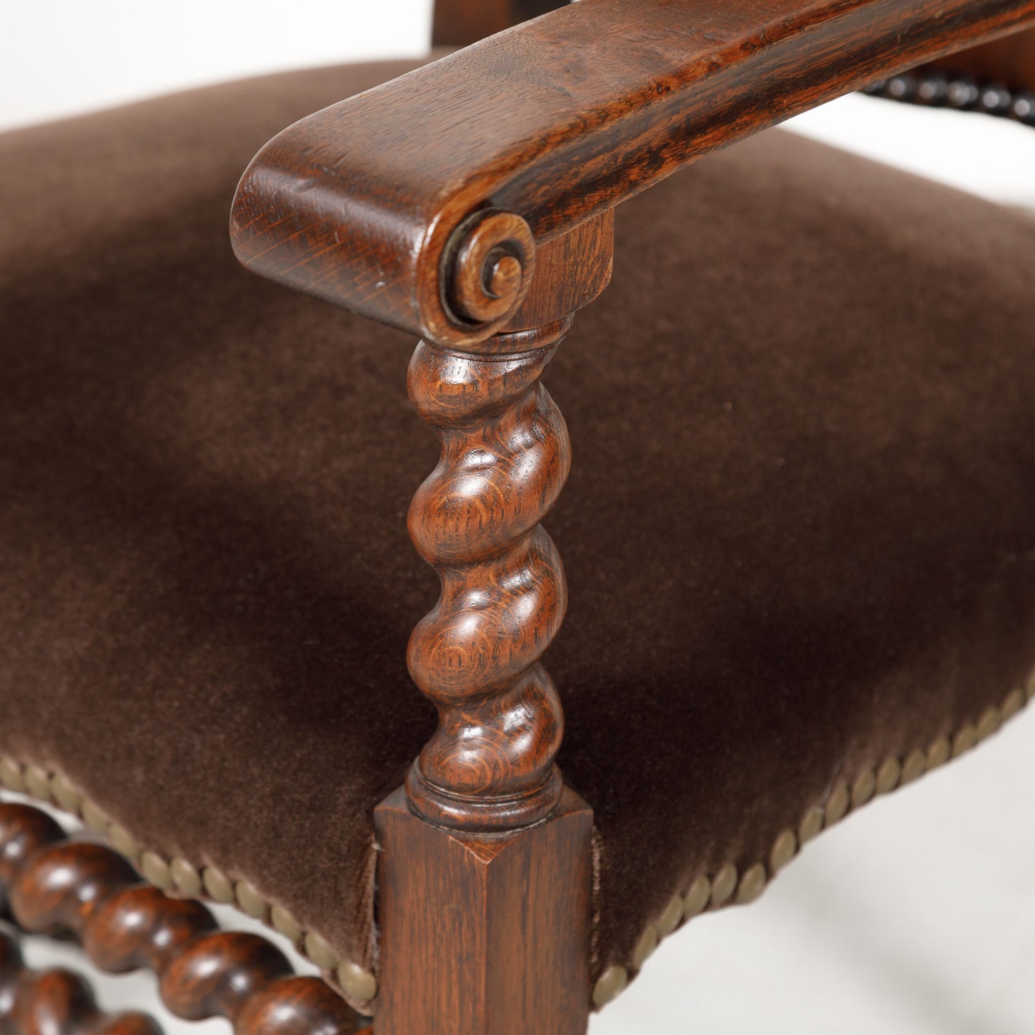 Antique French Louis XIII Style Leather and Mohair Barley Twist Armchair