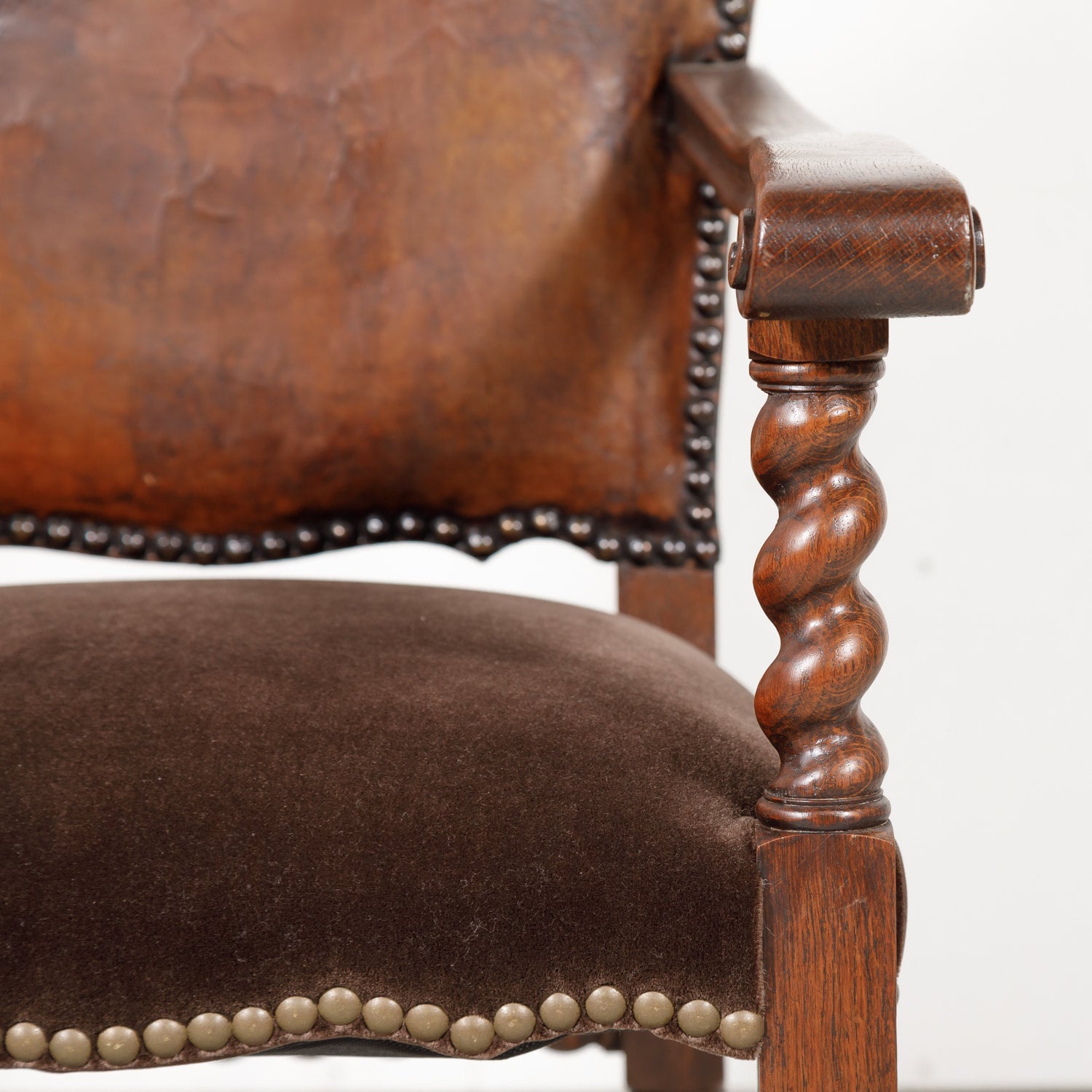 Antique French Louis XIII Style Leather and Mohair Barley Twist Armchair