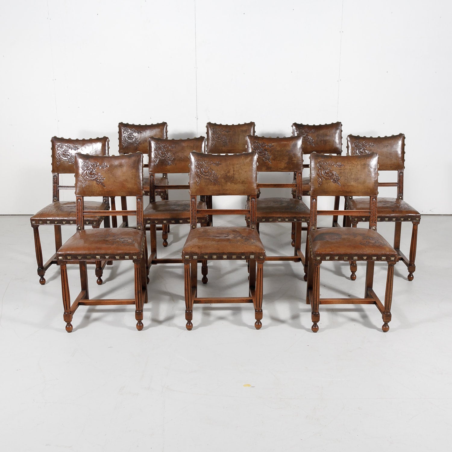 Antique French Henri II Leather Side Chairs, Set of 10