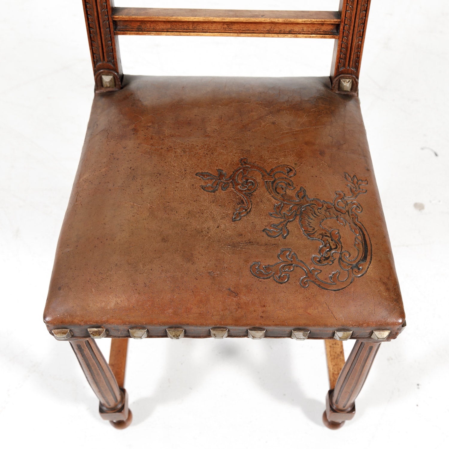 Antique French Henri II Leather Side Chairs, Set of 10