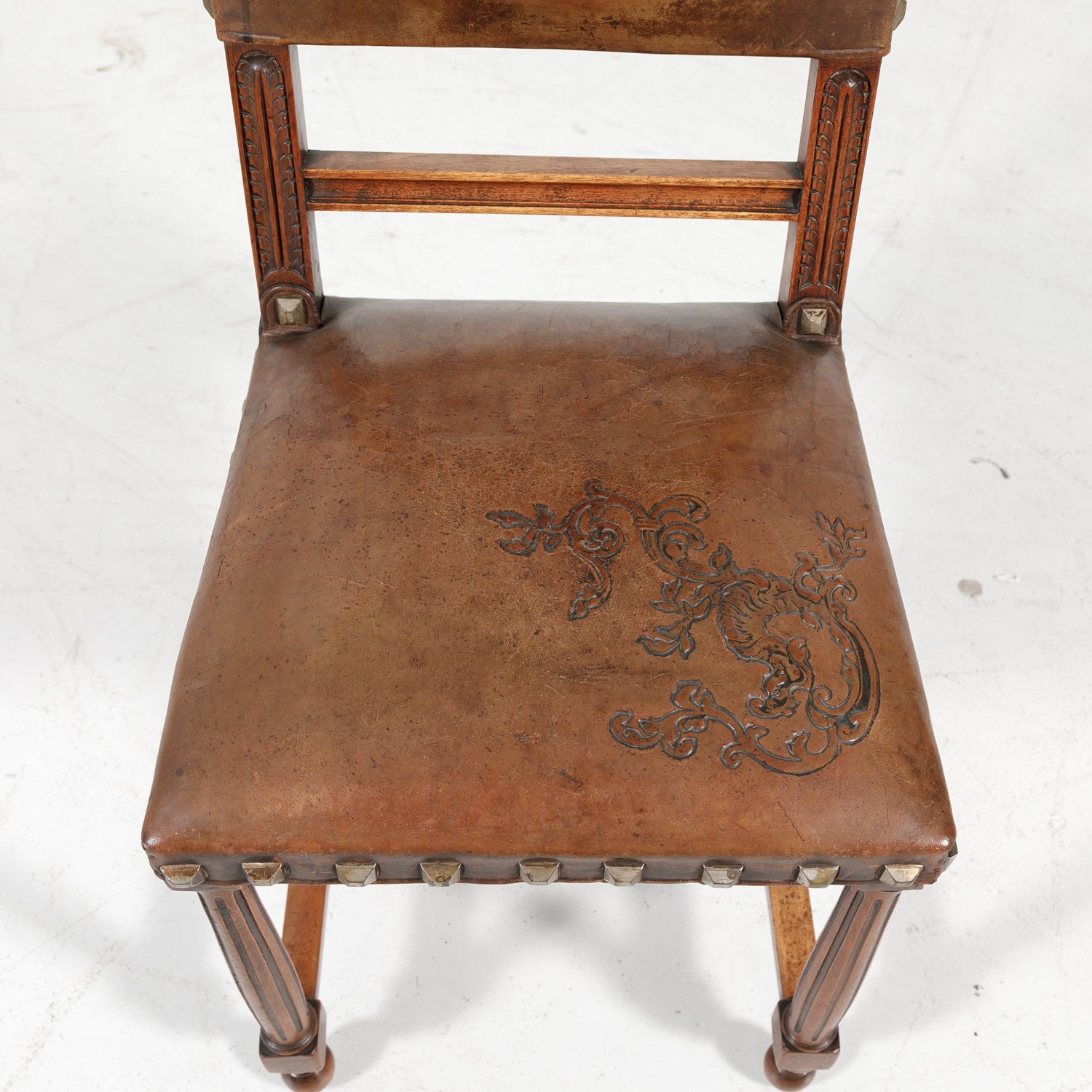 Antique French Henri II Leather Side Chairs, Set of 10