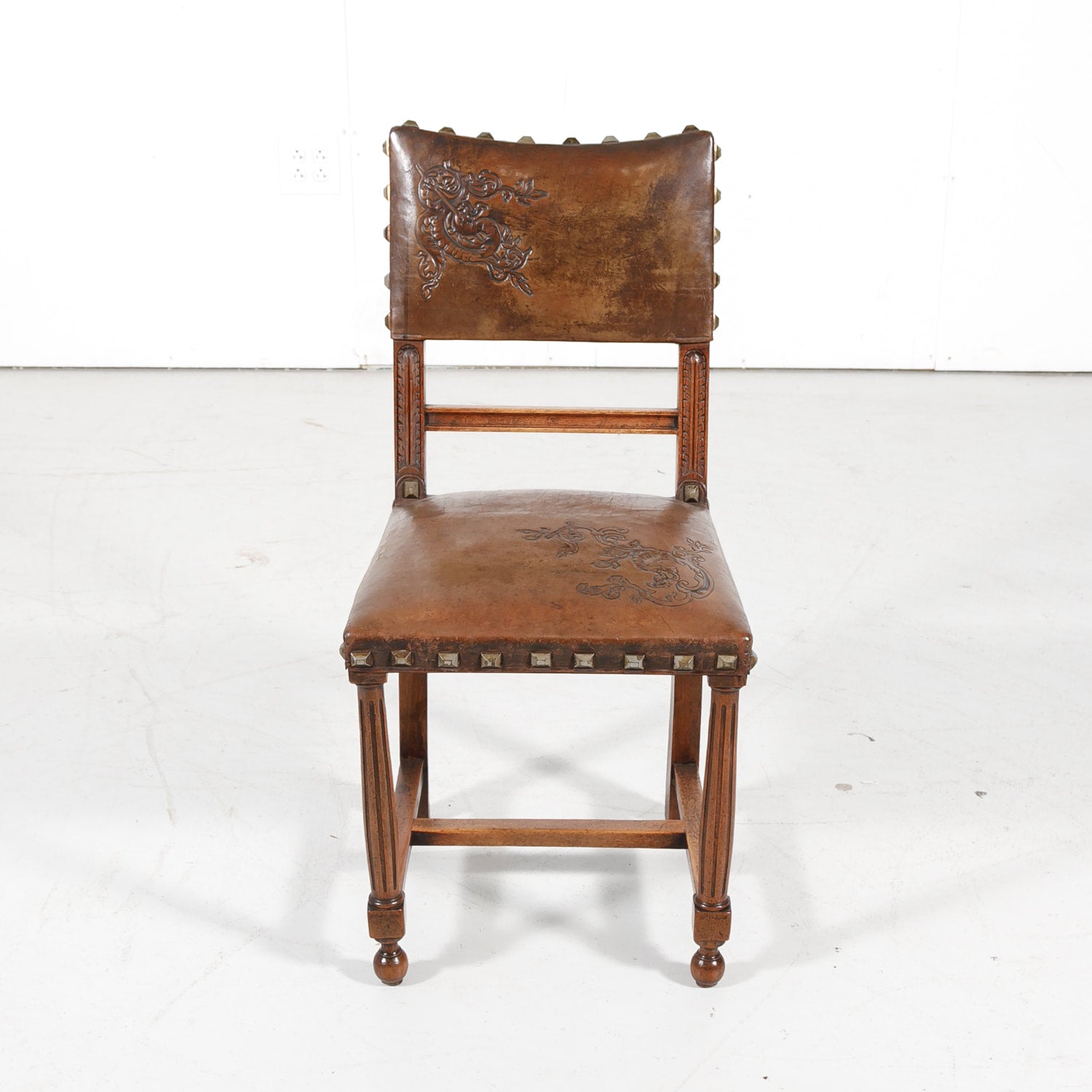 Antique French Henri II Leather Side Chairs, Set of 10