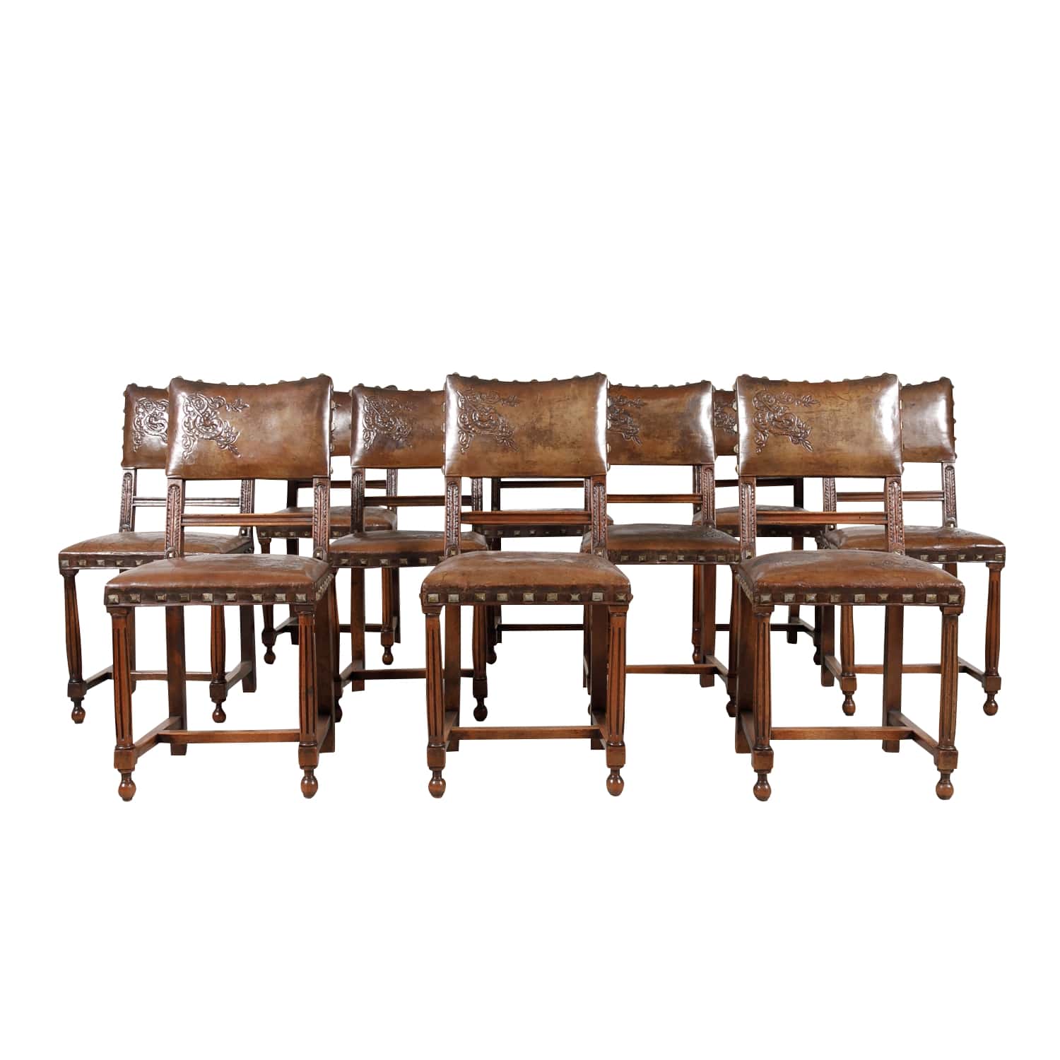 Antique French Henri II Leather Side Chairs, Set of 10