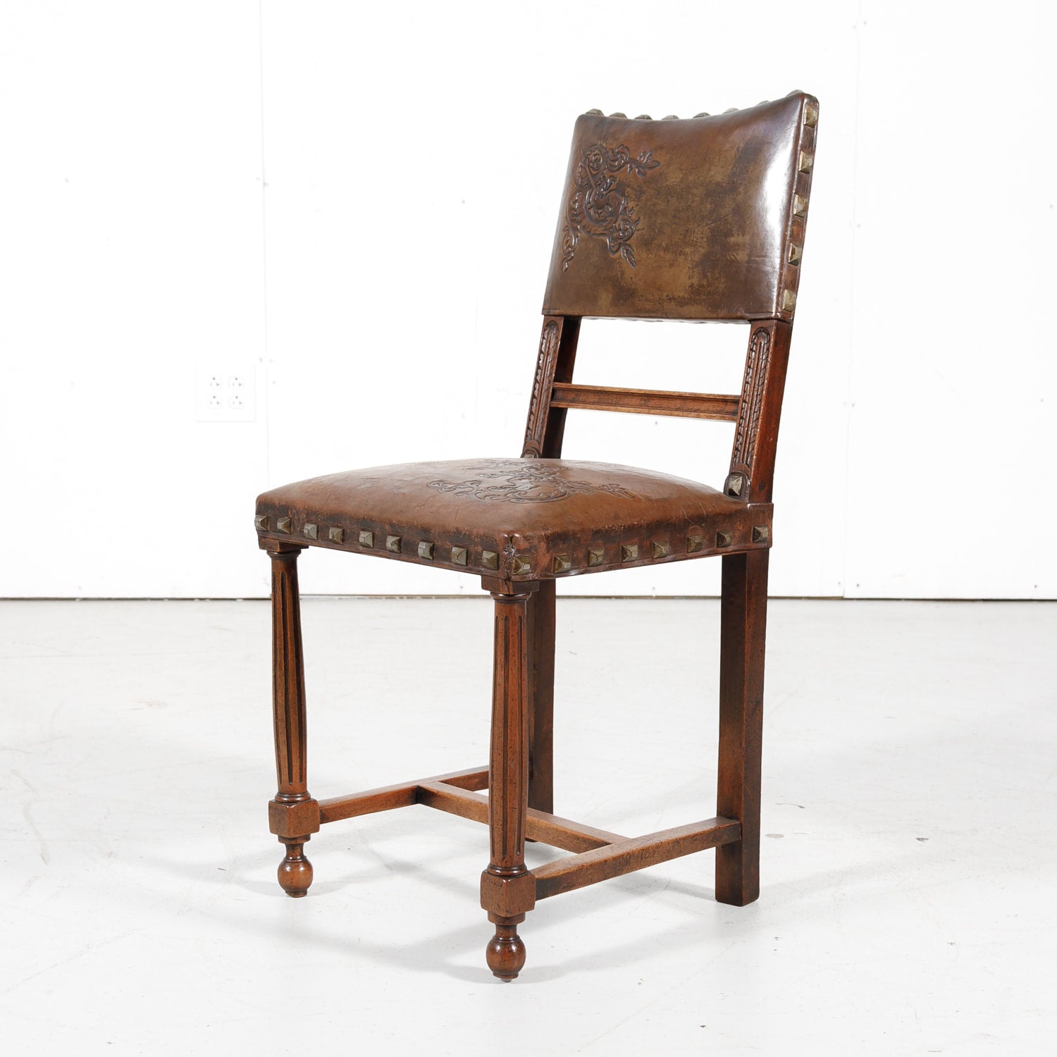 Antique French Henri II Leather Side Chairs, Set of 10