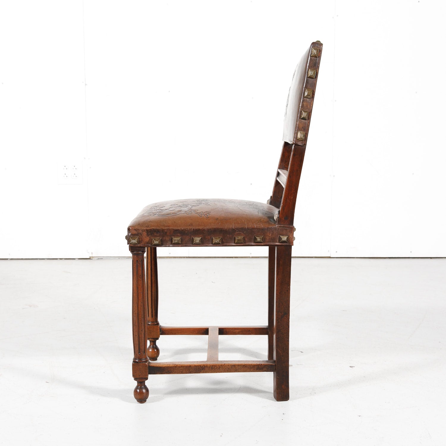 Antique French Henri II Leather Side Chairs, Set of 10