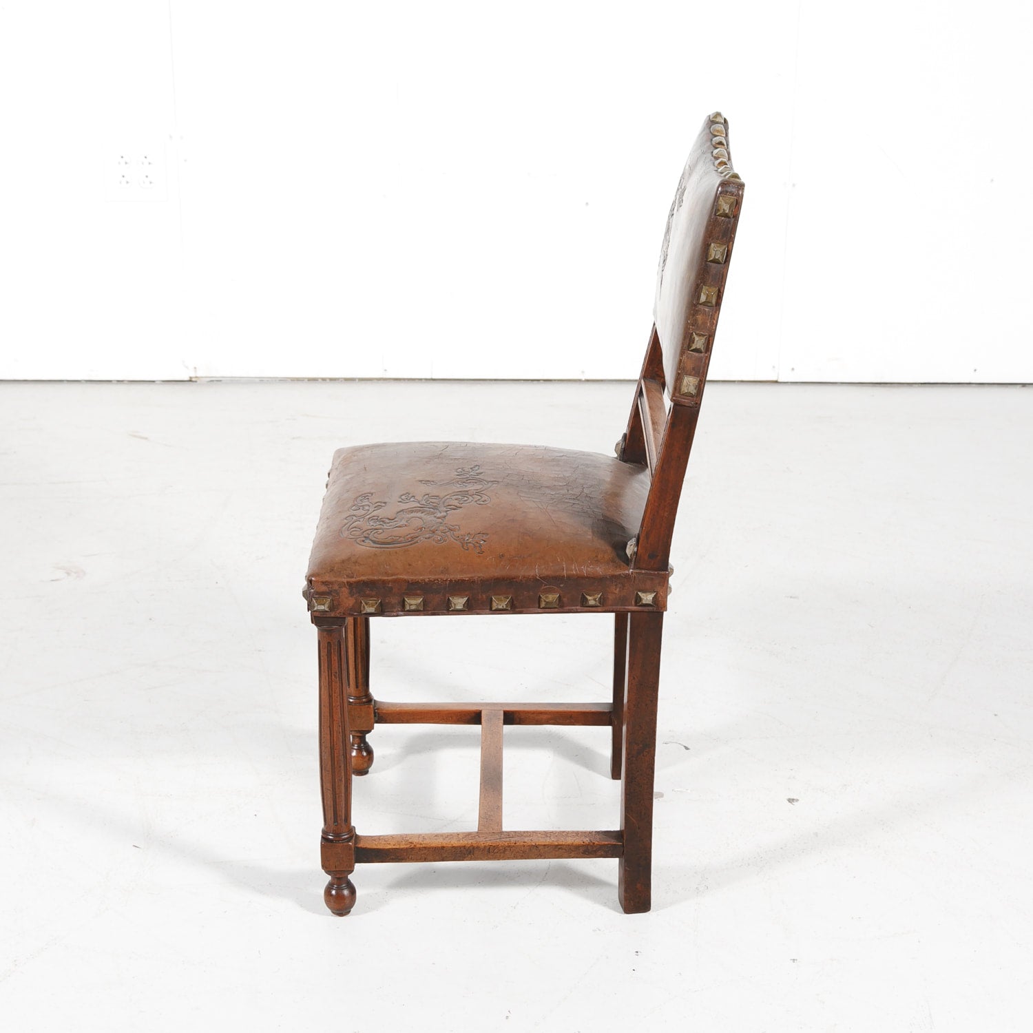 Antique French Henri II Leather Side Chairs, Set of 10