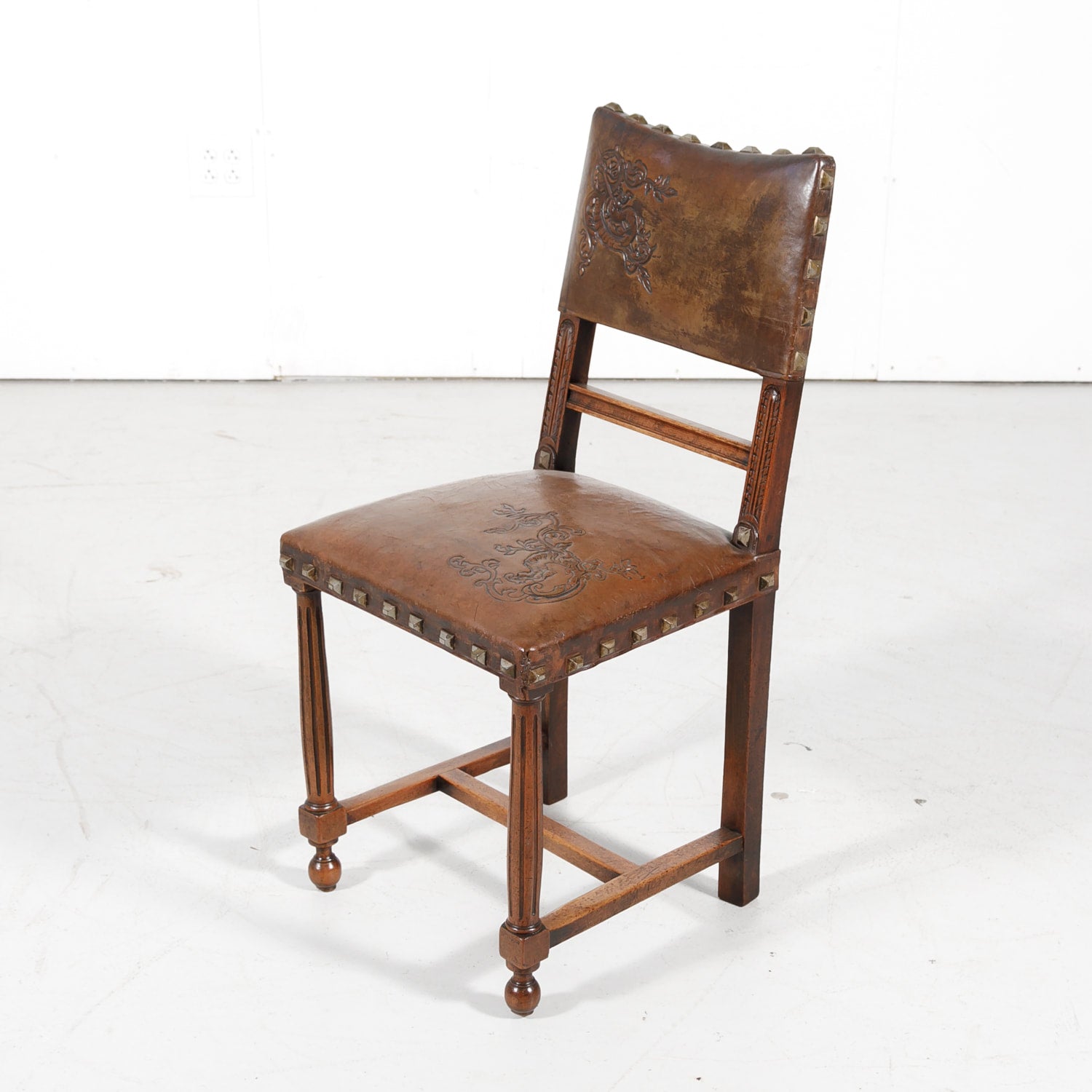 Antique French Henri II Leather Side Chairs, Set of 10