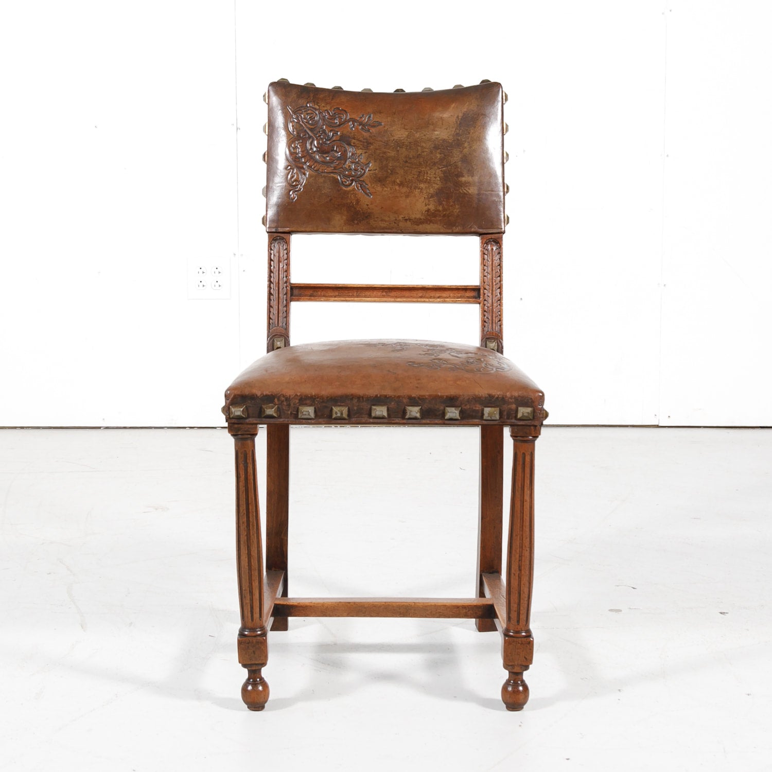 Antique French Henri II Leather Side Chairs, Set of 10