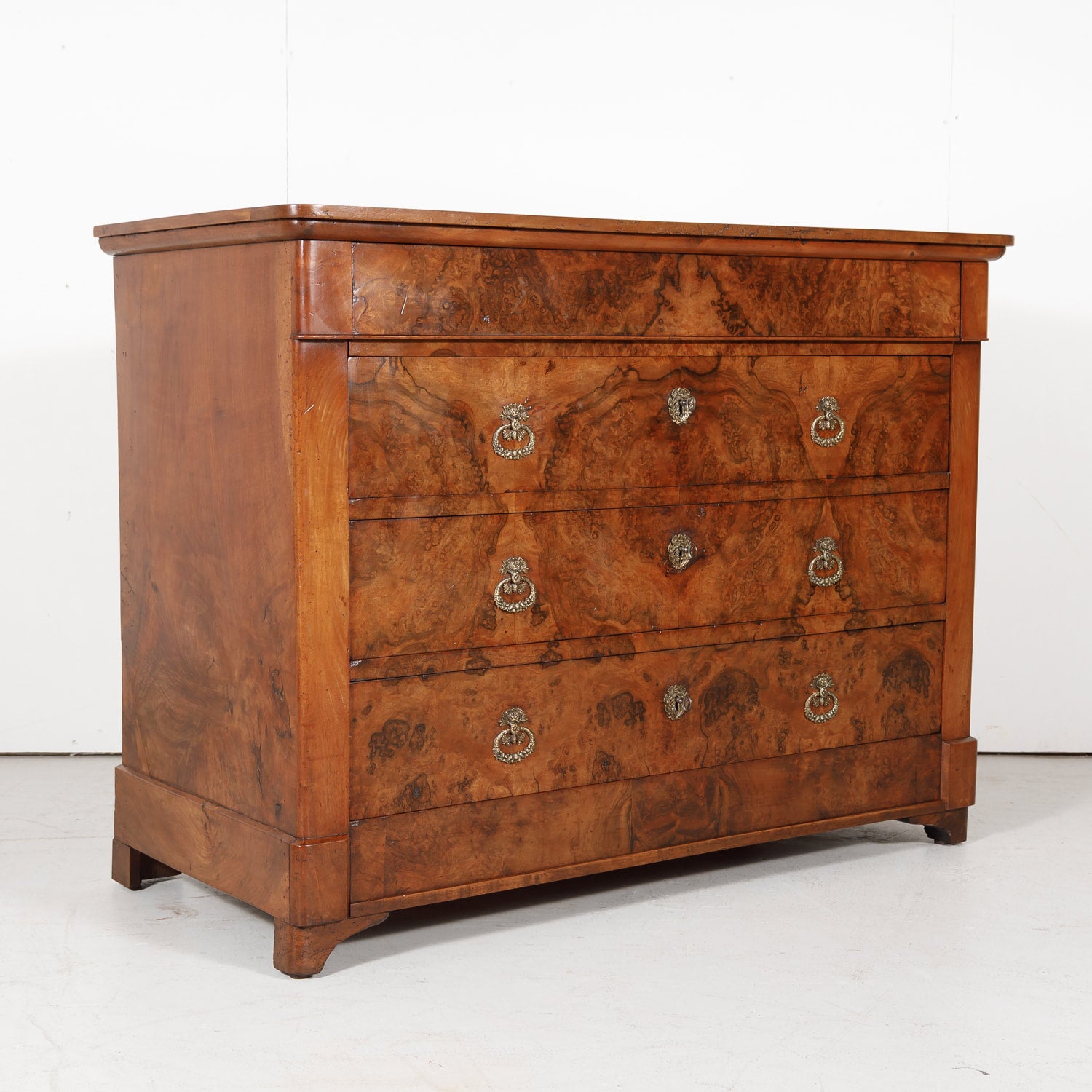Antique 19th Century French Louis Philippe Style Walnut and Burled Walnut Three-Drawer Commode