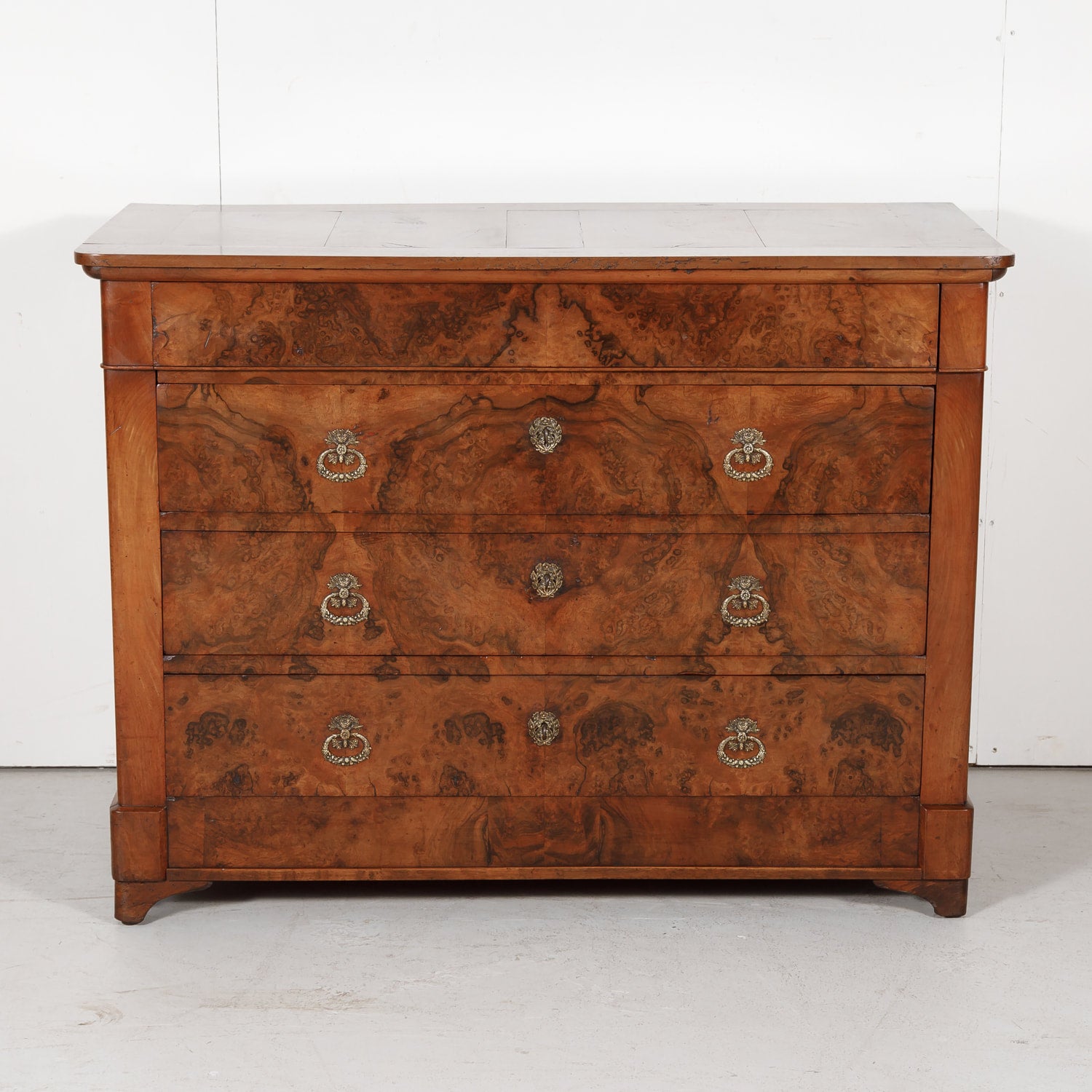 Antique 19th Century French Louis Philippe Style Walnut and Burled Walnut Three-Drawer Commode