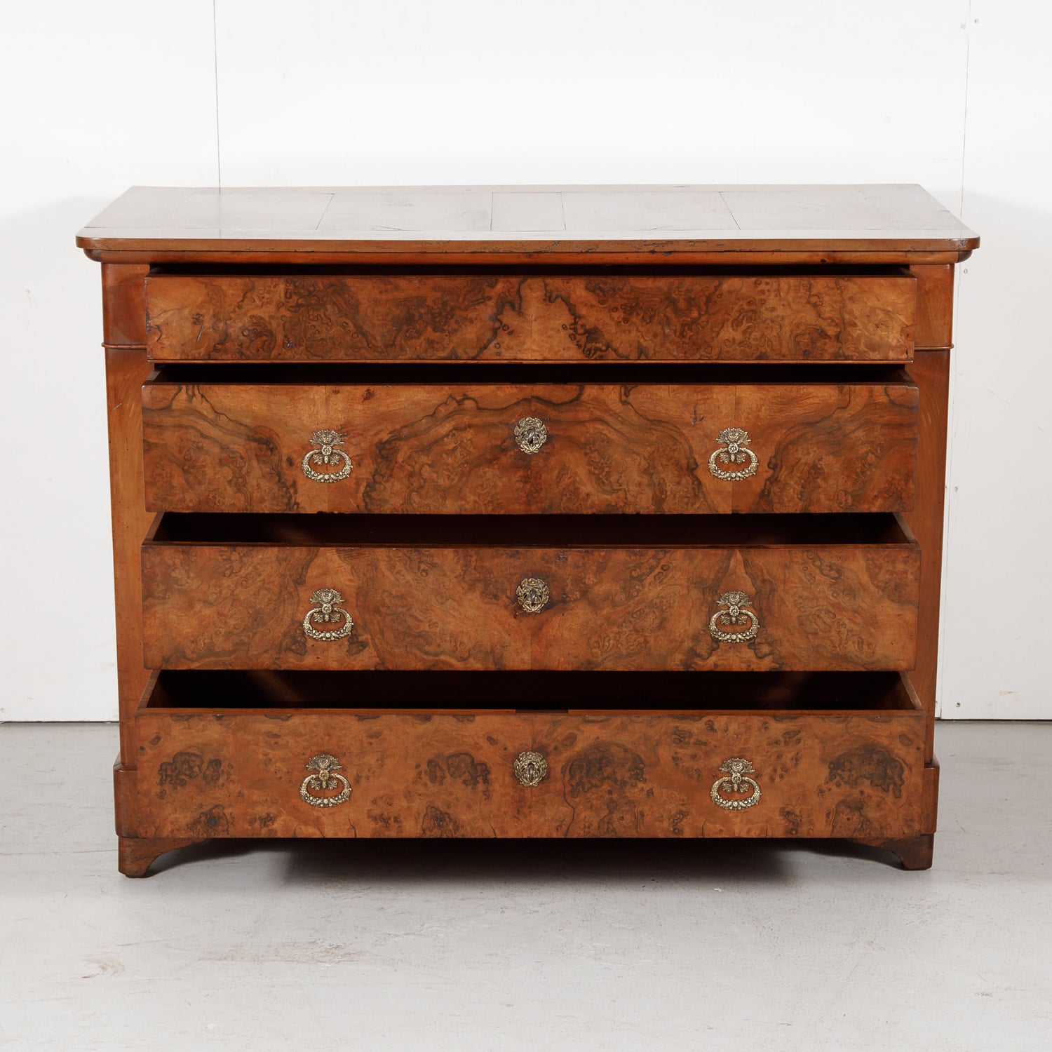 Antique 19th Century French Louis Philippe Style Walnut and Burled Walnut Three-Drawer Commode