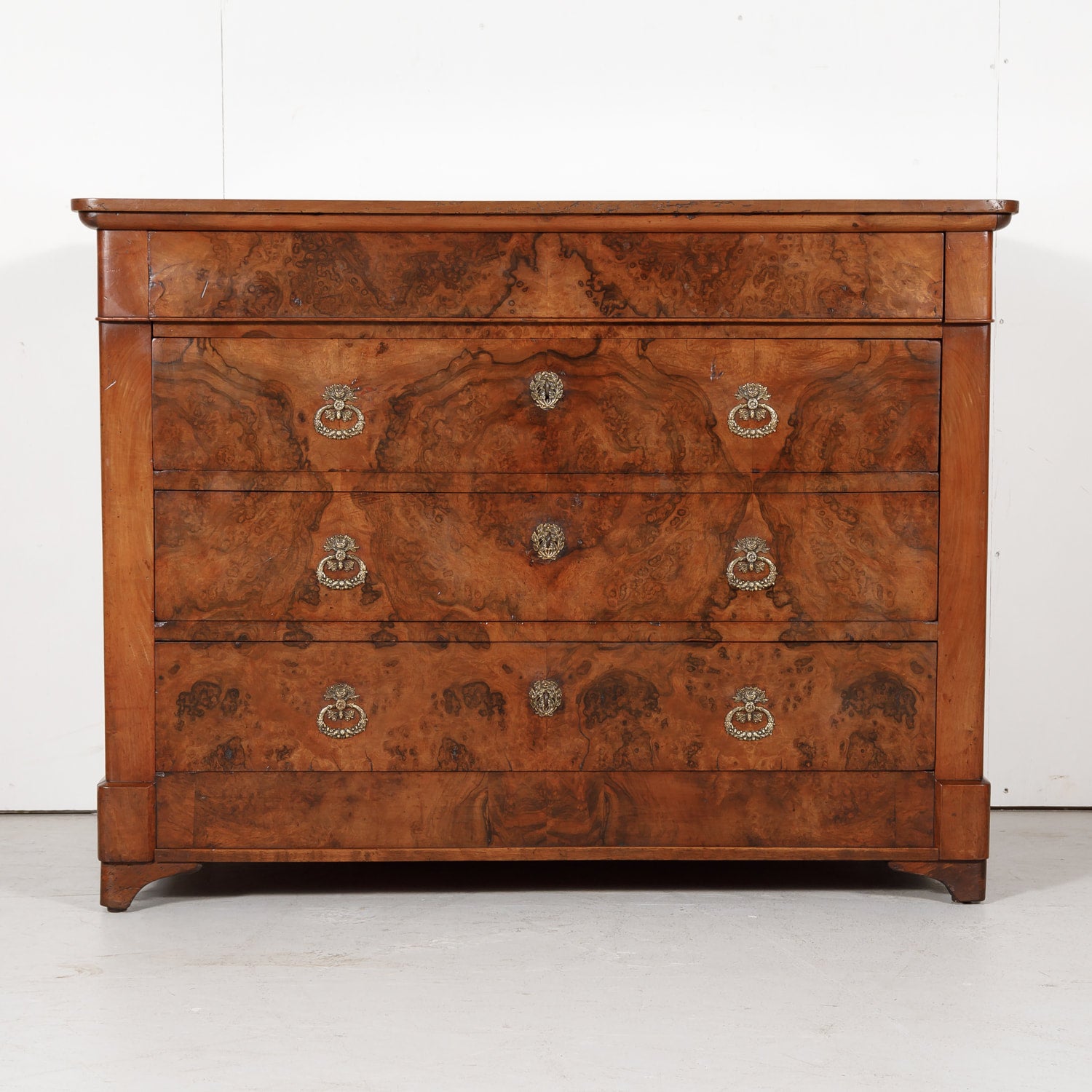 Antique 19th Century French Louis Philippe Style Walnut and Burled Walnut Three-Drawer Commode