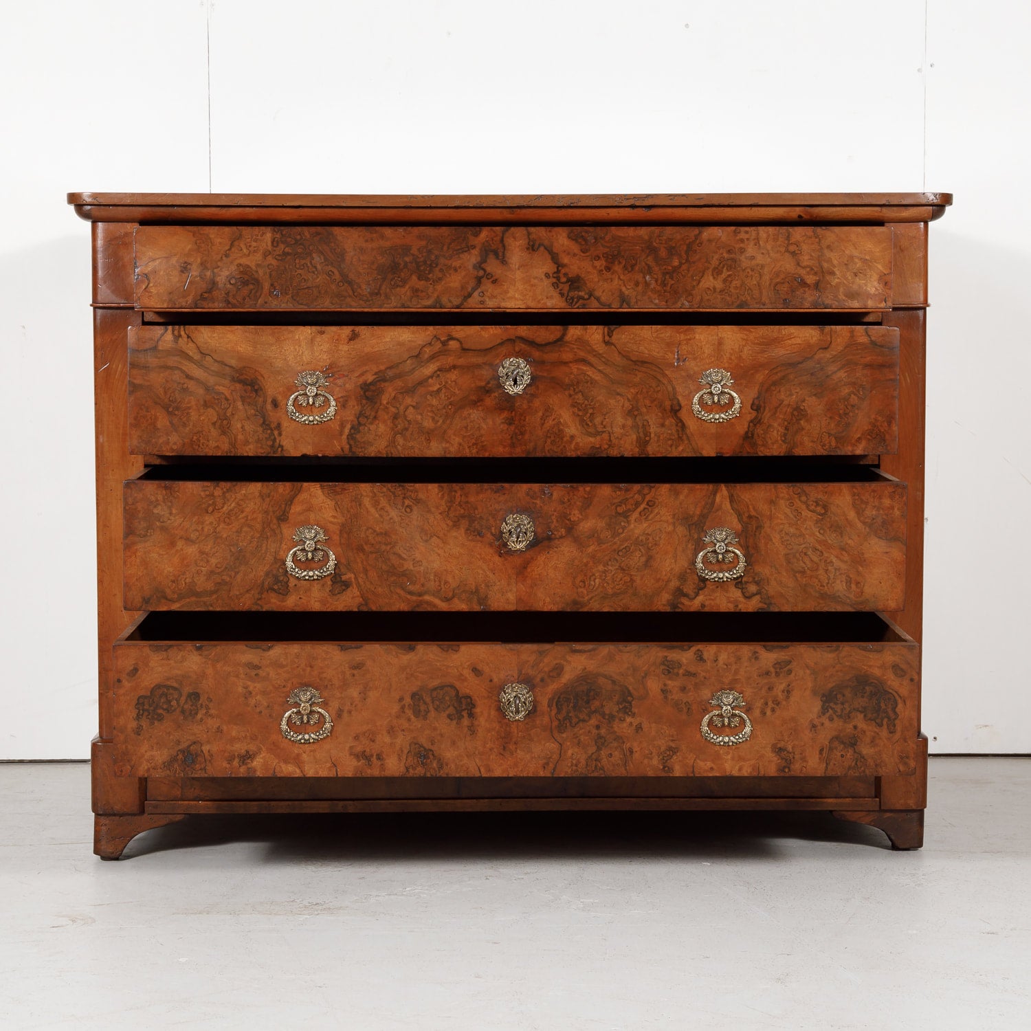 Antique 19th Century French Louis Philippe Style Walnut and Burled Walnut Three-Drawer Commode