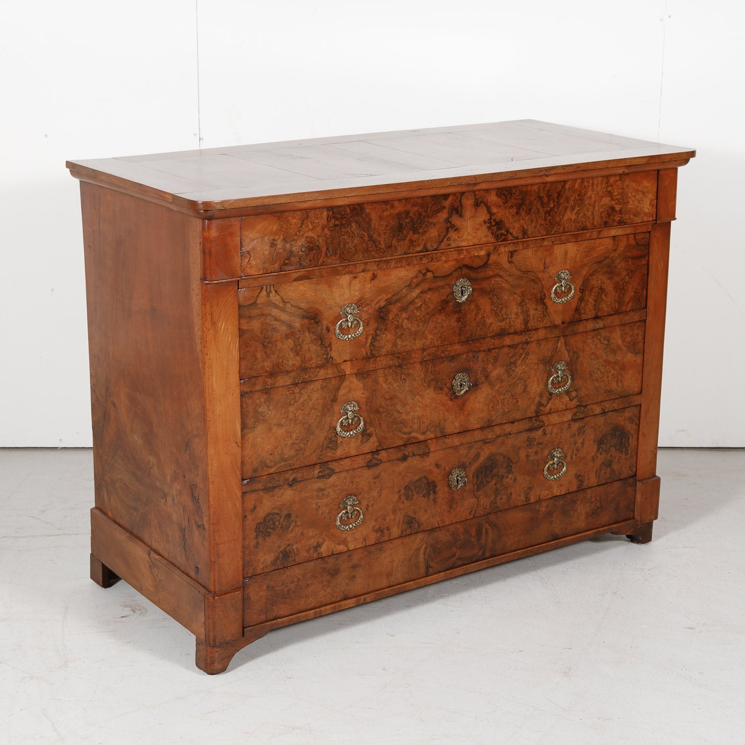 Antique 19th Century French Louis Philippe Style Walnut and Burled Walnut Three-Drawer Commode