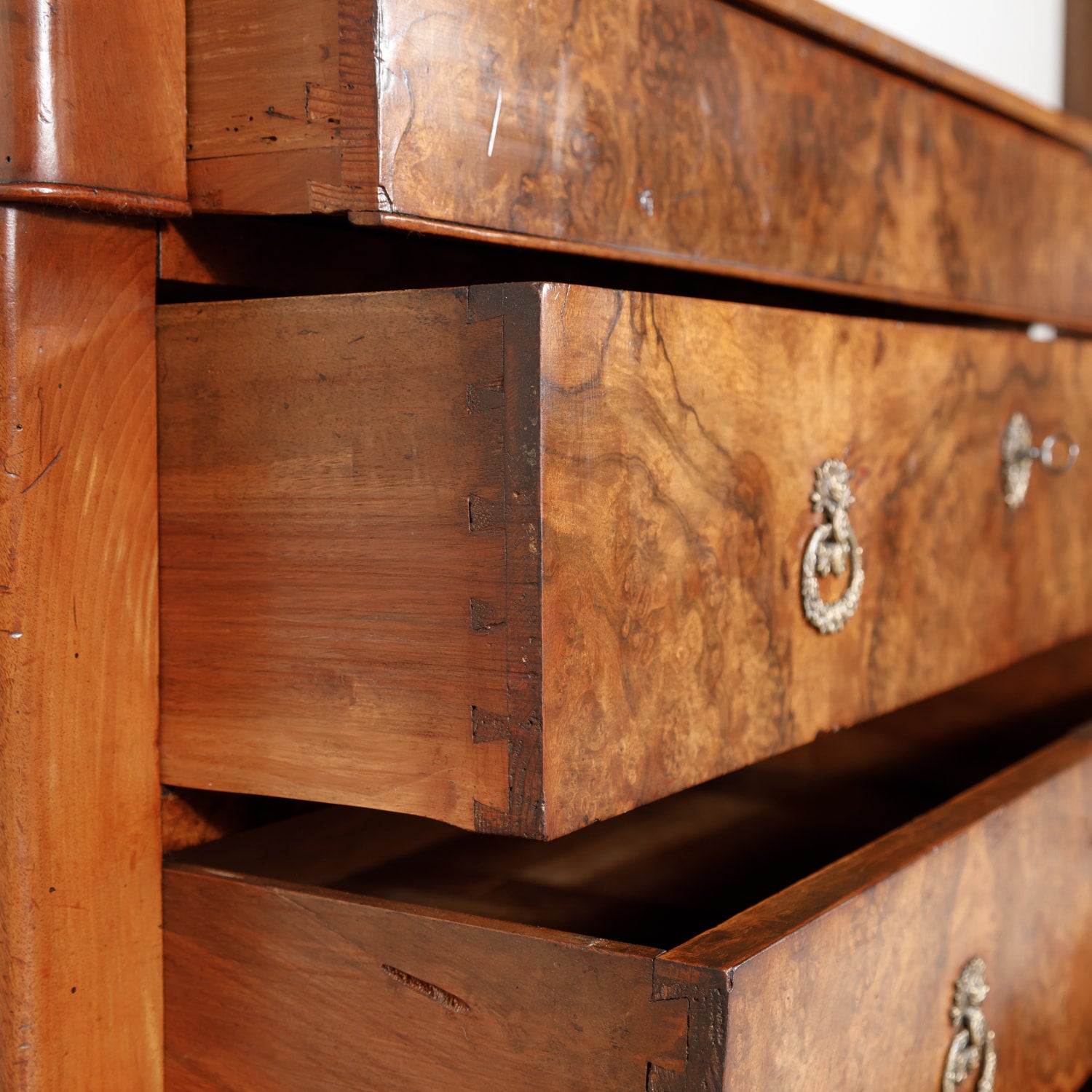 Antique 19th Century French Louis Philippe Style Walnut and Burled Walnut Three-Drawer Commode