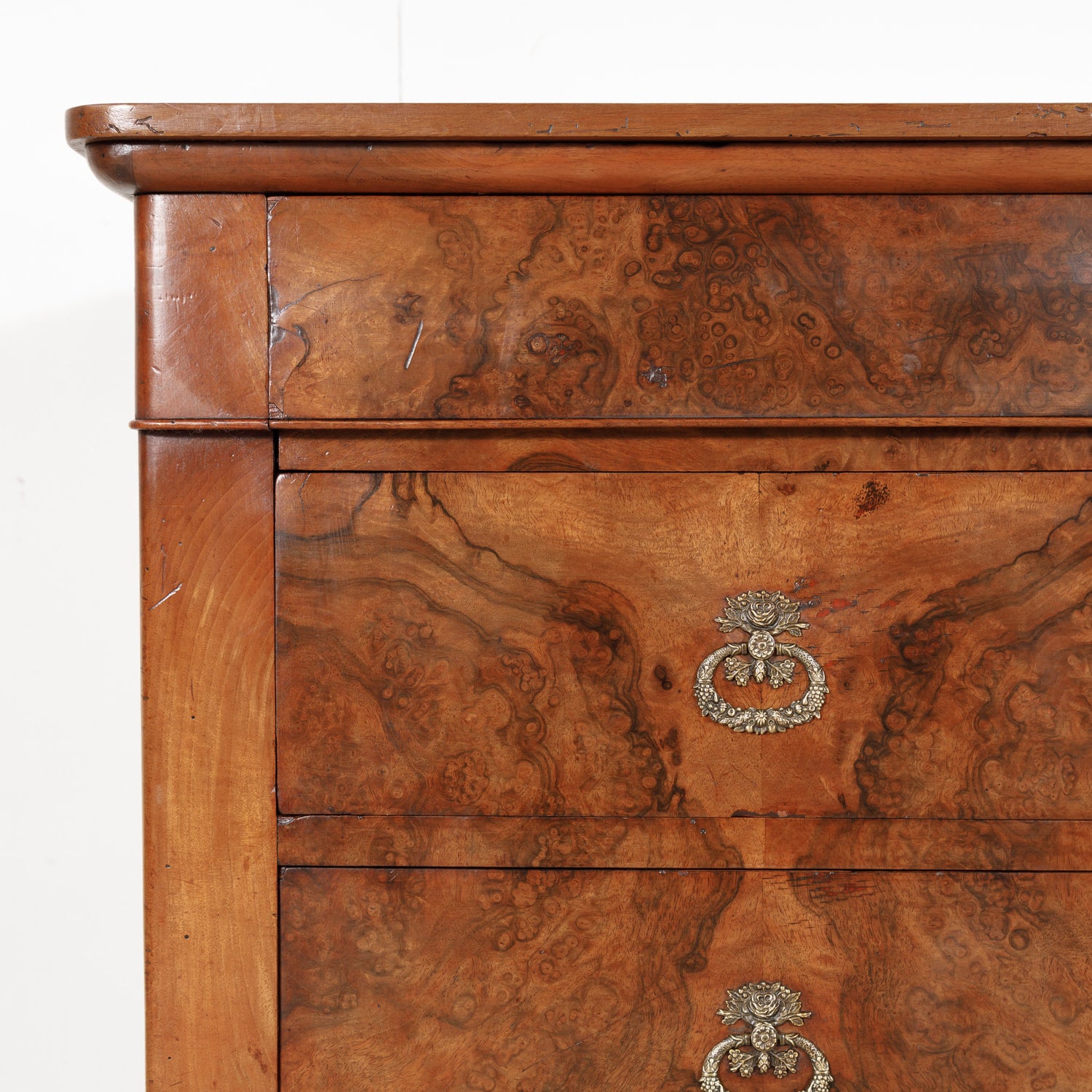 Antique 19th Century French Louis Philippe Style Walnut and Burled Walnut Three-Drawer Commode