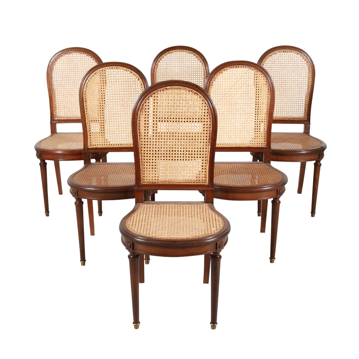 French Louis XVI Style Mahogany Cane Chairs, Set of Six 