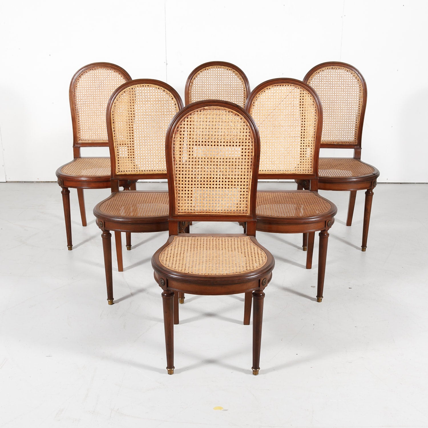 French Louis XVI Style Mahogany Cane Chairs, Set of Six 