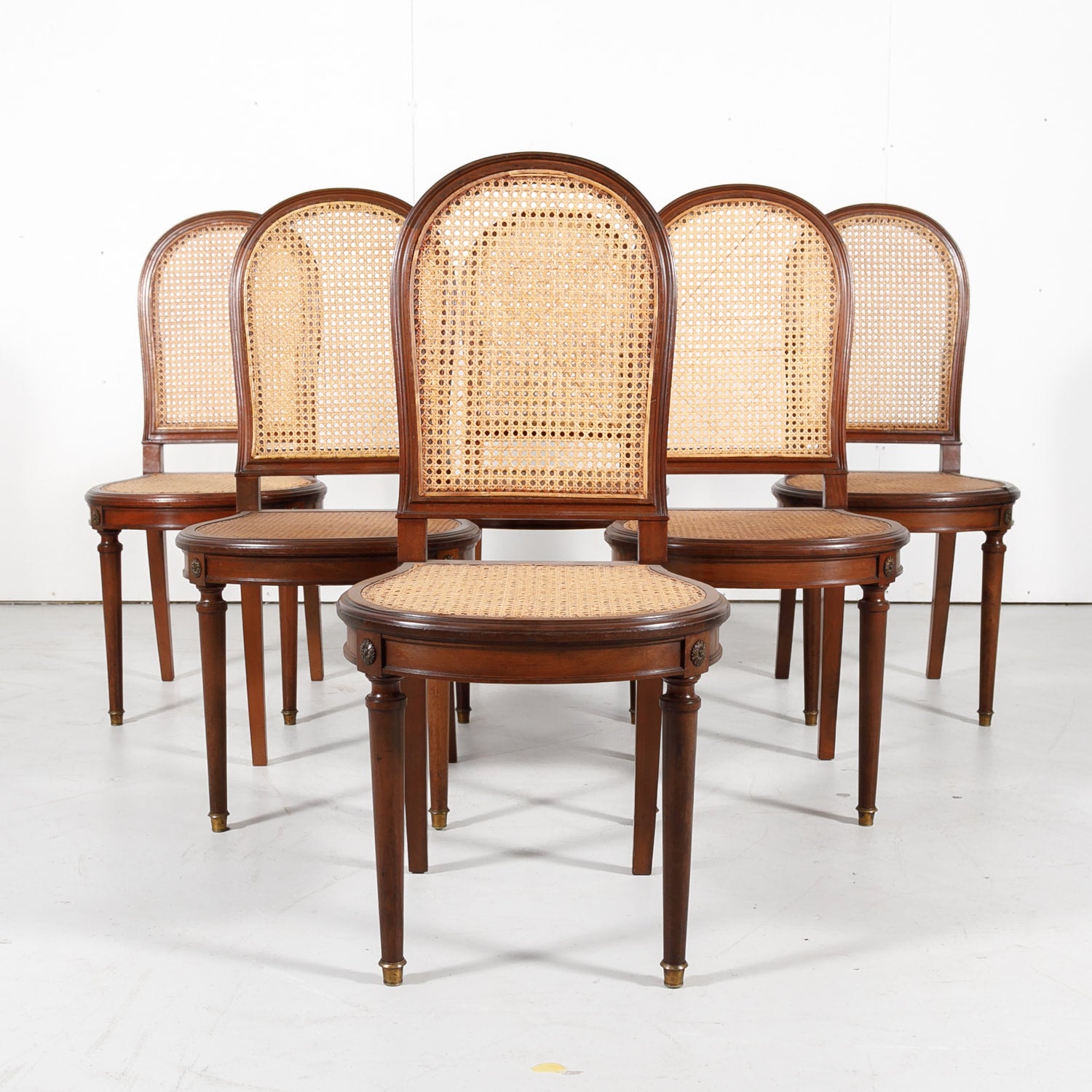 French Louis XVI Style Mahogany Cane Chairs, Set of Six 